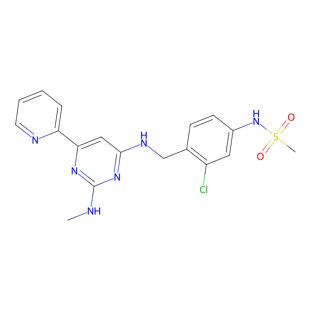 N-(3-Chloro-4-(((2-(methylamino)-6-(pyridin-2-yl)pyrimidin-4-yl)amino)methyl)phenyl)methanesulfonamide molecular structure, CAS 1621175-65-2