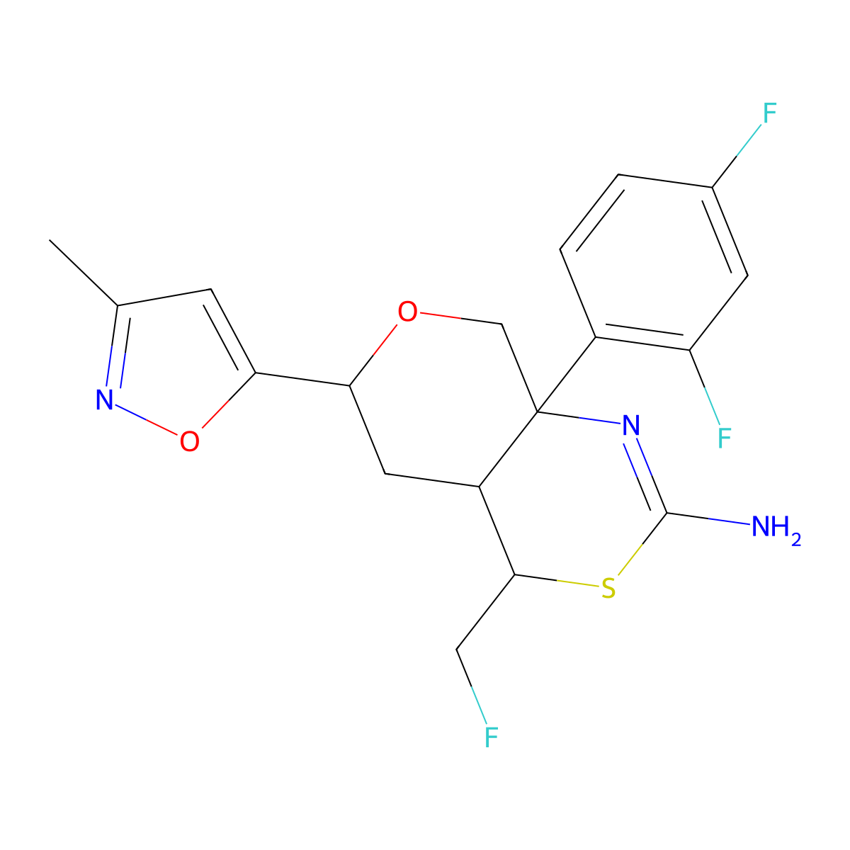 (4S,4aR,6R,8aS)-8a-(2,4-Difluorophenyl)-4-(fluoromethyl)-4,4a,5,6,8,8a-hexahydro-6-(3-methyl-5-isoxazolyl)-pyrano[3,4-d][1,3]thiazin-2-amine molecular structure, CAS 1621585-22-5