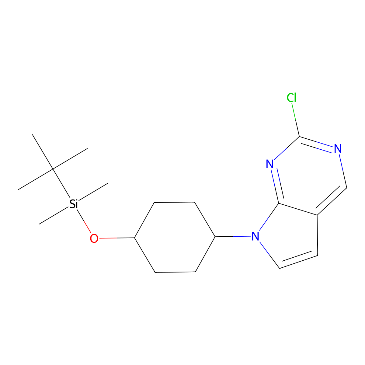 7H-Pyrrolo[2,3-d]pyrimidine, 2-chloro-7-[trans-4-[[(1,1-dimethylethyl)dimethylsilyl]oxy]cyclohexyl]- molecular structure, CAS 1621619-13-3
