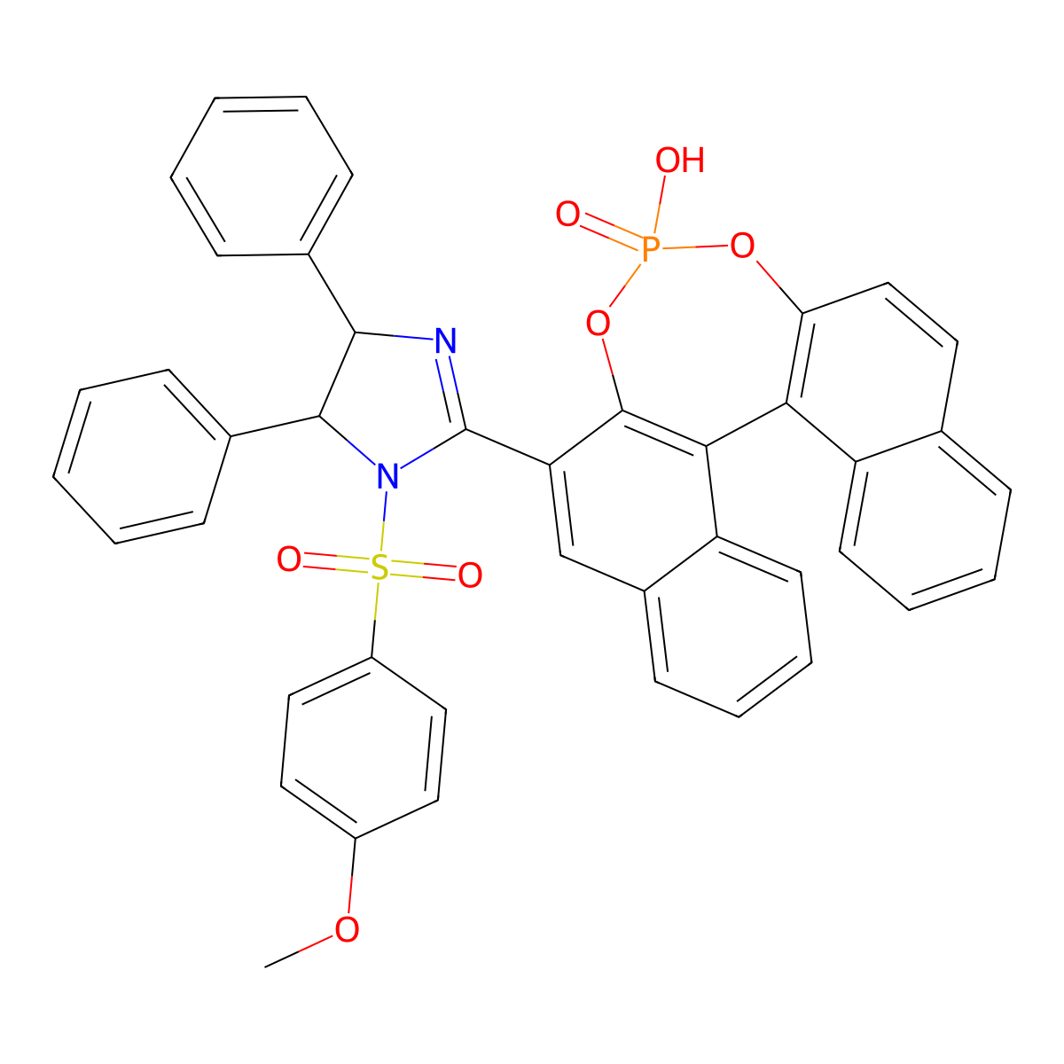 1H-Imidazole, 4,5-dihydro-2-[(11bS)-4-hydroxy-4-oxidodinaphtho[2,1-d:1',2'-f][1,3,2]dioxaphosphepin-2-yl]-1-[(4-methoxyphenyl)sulfonyl]-4,5-diphenyl-, (4S,5S)- molecular structure, CAS 1621994-95-3