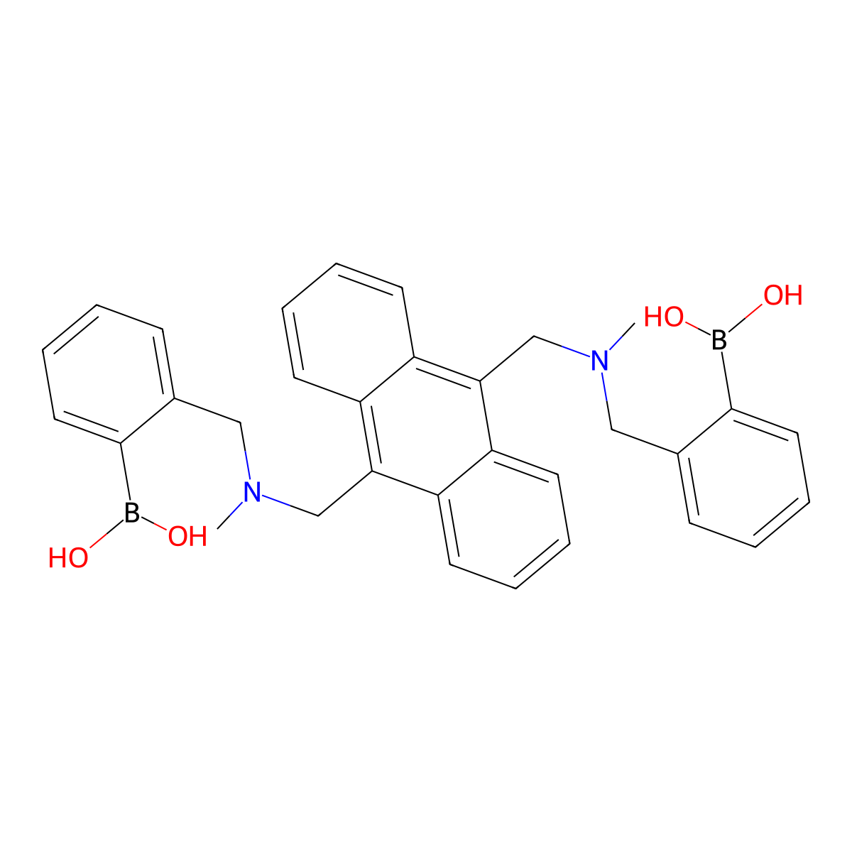 ((((Anthracene-9,10-diylbis(methylene))bis(methylazanediyl))bis(methylene))bis(2,1-phenylene))diboronic acid molecular structure, CAS 162254-07-1