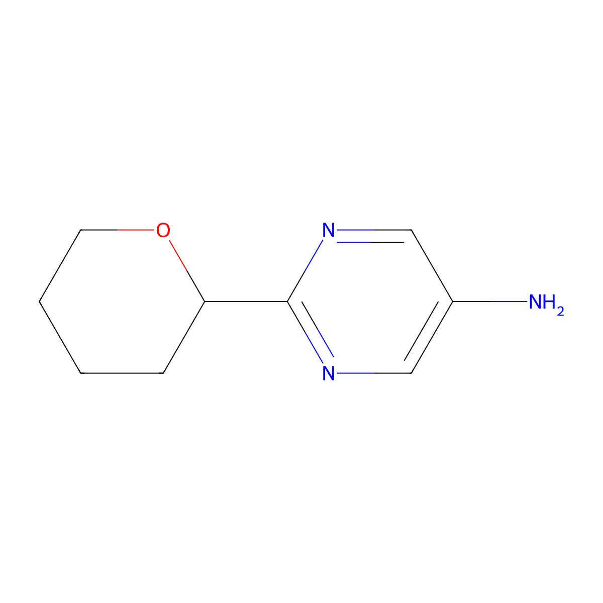 2-(tetrahydro-2H-pyran-2-yl)pyrimidin-5-amine molecular structure, CAS 1622834-59-6
