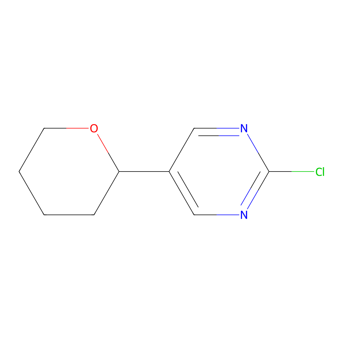 2-chloro-5-(tetrahydro-2H-pyran-2-yl)pyrimidine molecular structure, CAS 1622834-64-3
