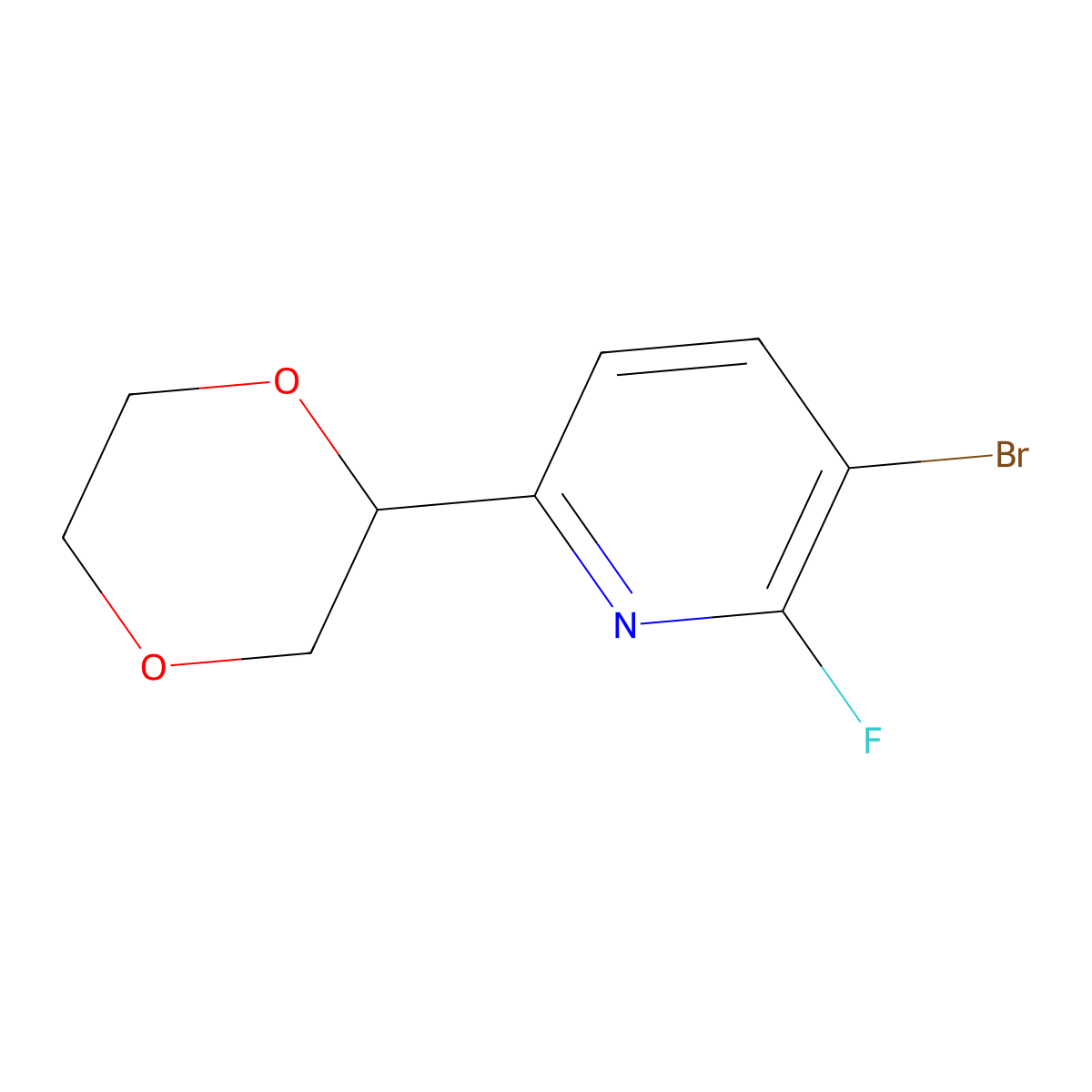 3-Bromo-2-fluoro-6-(1,4-dioxan-2-yl)pyridine molecular structure, CAS 1622835-05-5