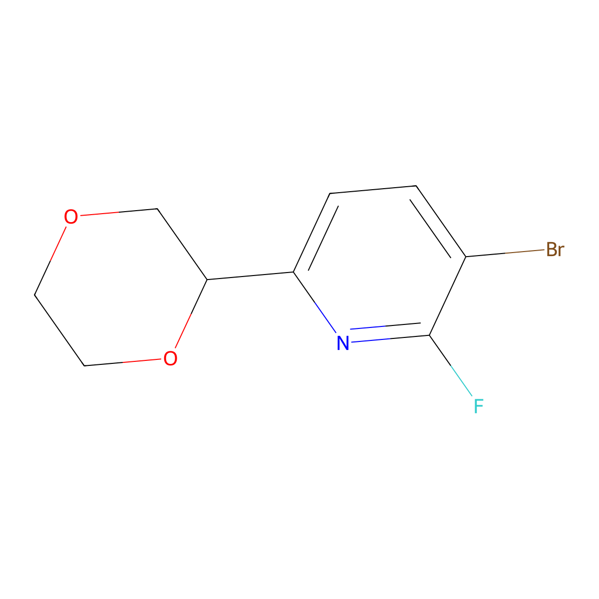 3-Bromo-2-fluoro-6-(1,4-dioxan-2-yl)pyridine molecular structure, CAS 1622835-05-5