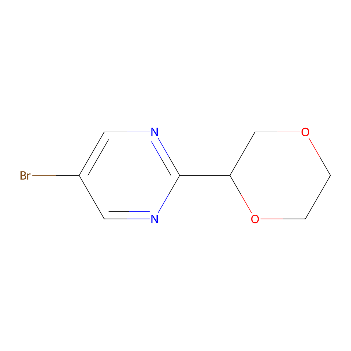 5-Bromo-2-(1,4-dioxan-2-yl)pyrimidine molecular structure, CAS 1622835-30-6