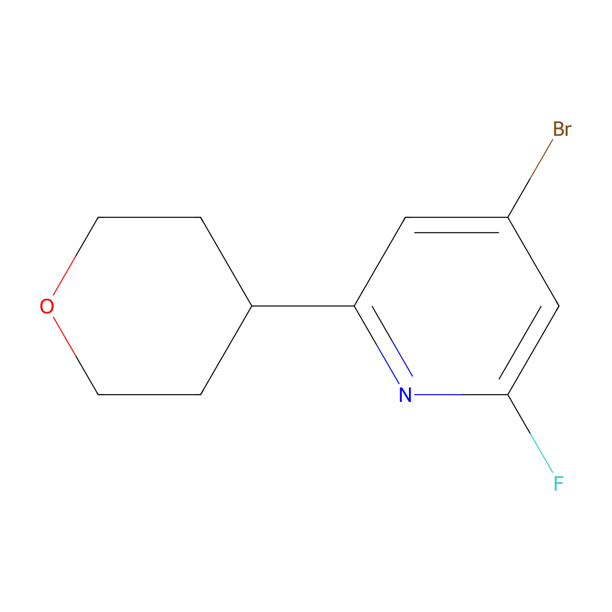 4-Bromo-2-fluoro-6-(oxan-4-yl)pyridine molecular structure, CAS 1622843-20-2
