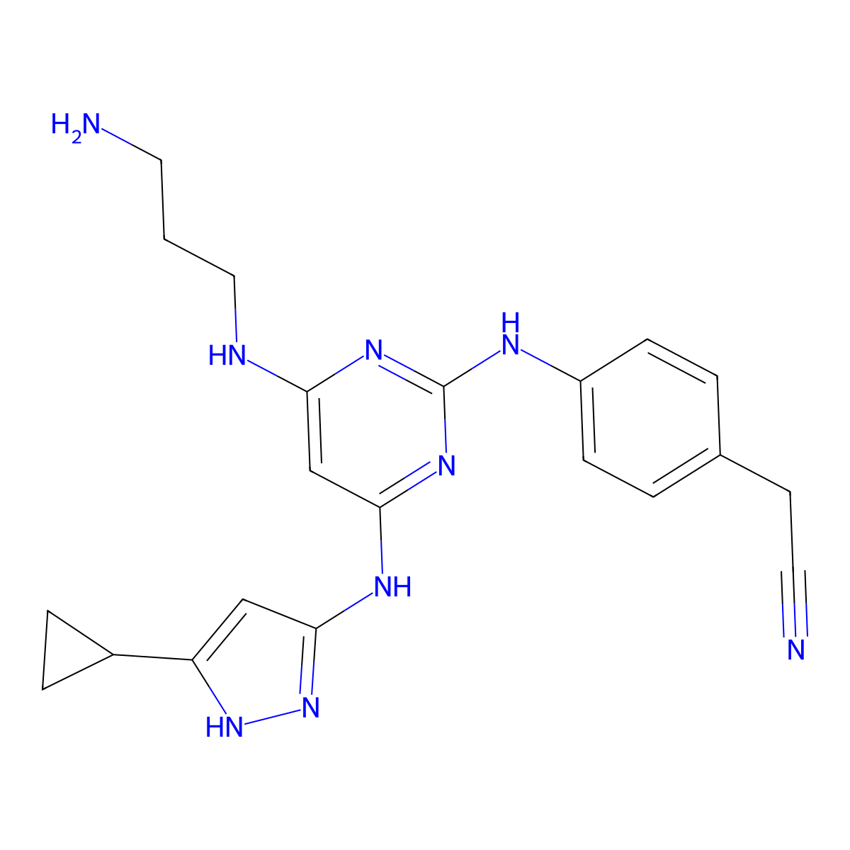 2-[4-([4-[(3-Aminopropyl)amino]-6-[(5-cyclopropyl-1H-pyrazol-3-yl)amino]pyrimidin-2-yl]amino)phenyl]acetonitrile molecular structure, CAS 1622855-94-0