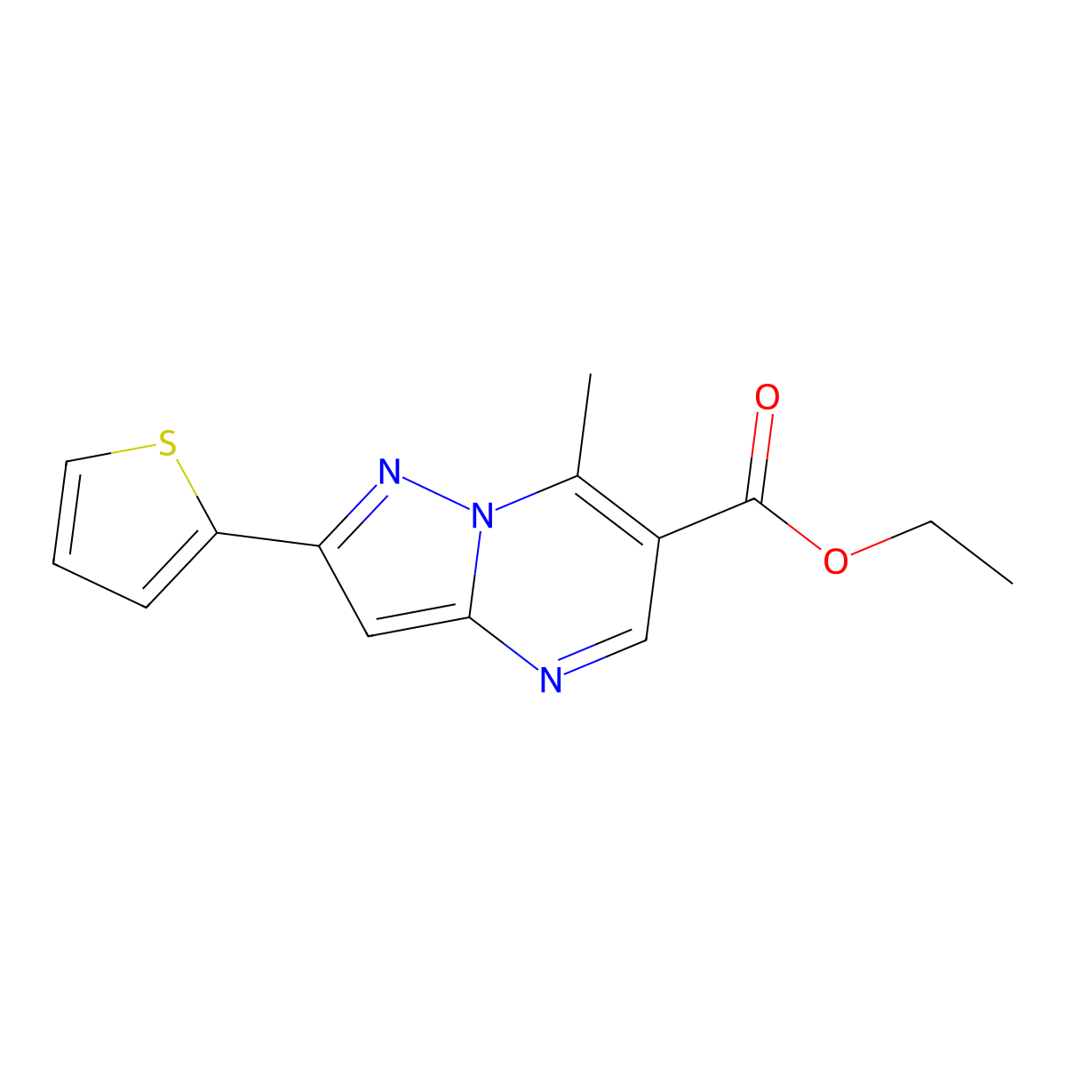 Ethyl 7-methyl-2-(thiophen-2-yl)pyrazolo[1,5-a]pyrimidine-6-carboxylate molecular structure, CAS 162286-69-3