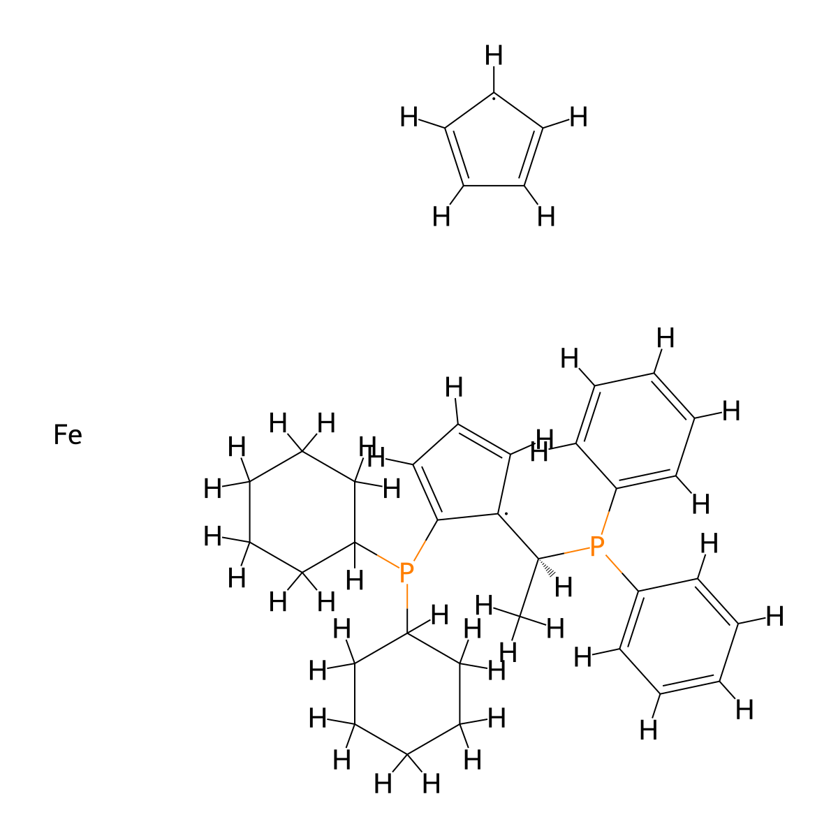 (S)-1-[(Rp)-2-(Dicyclohexylphosphino)ferrocenylethyl]diphenylphosphine molecular structure, CAS 162291-01-2