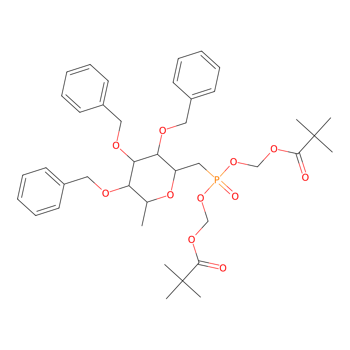 [({[(2,2-dimethylpropanoyl)oxy]methoxy}({[(2S,3S,4R,5R,6S)-3,4,5-tris(benzyloxy)-6-methyloxan-2-yl]methyl})phosphoryl)oxy]methyl 2,2-dimethylpropanoate molecular structure, CAS 1623137-00-7