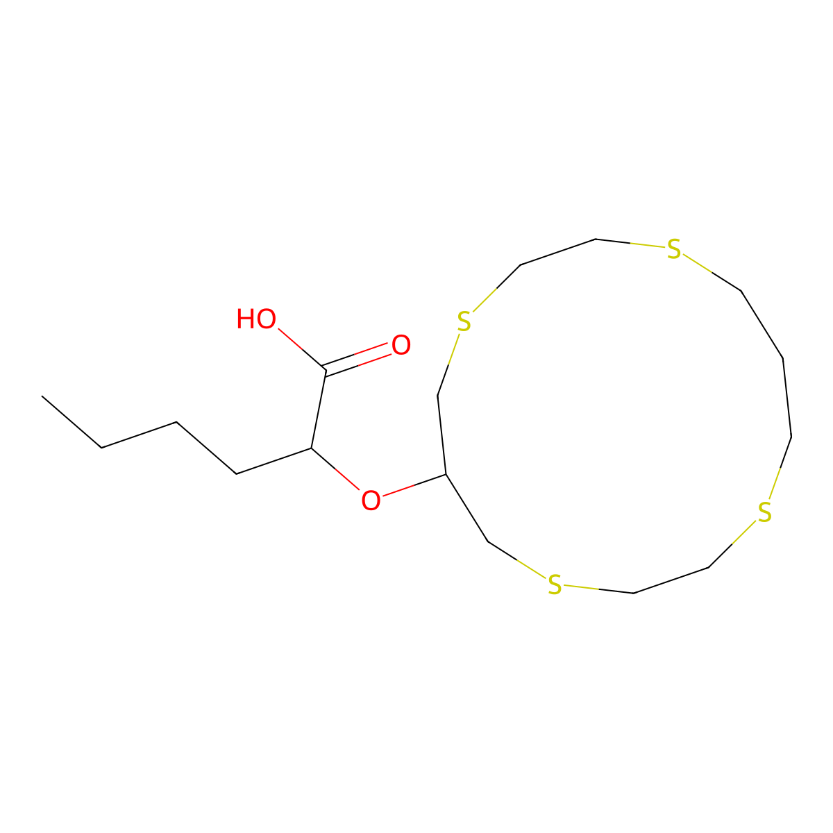2-((1,4,8,11-Tetrathiacyclotetradecan-6-yl)oxy)hexanoic acid molecular structure, CAS 162316-51-0