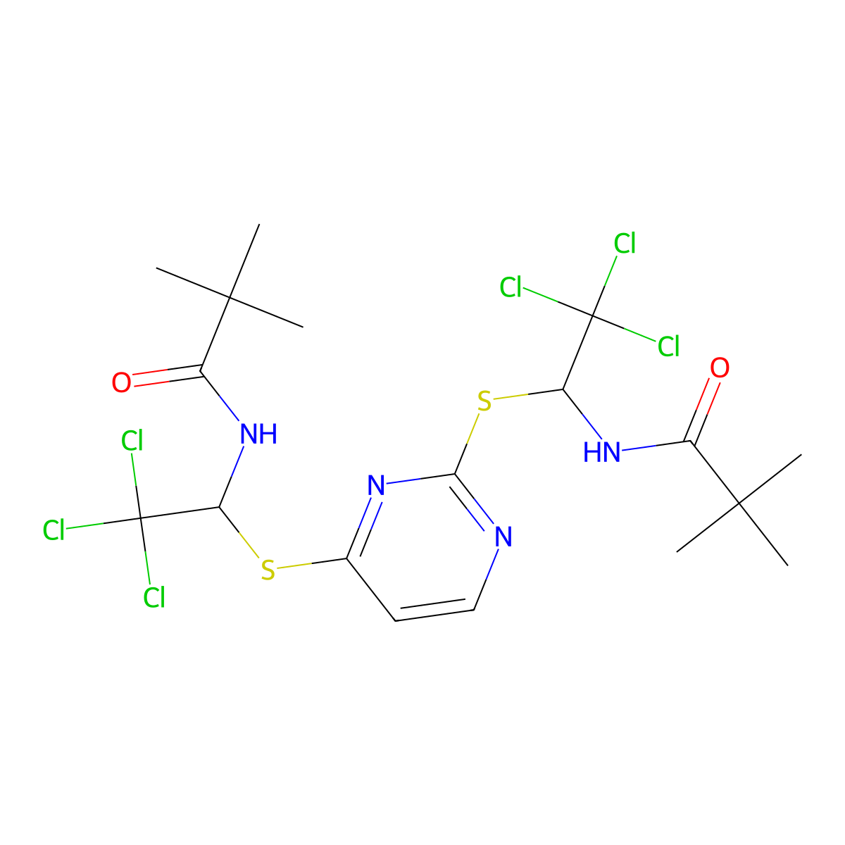 2,2-dimethyl-N-[2,2,2-trichloro-1-[2-[2,2,2-trichloro-1-(2,2-dimethylpropanoylamino)ethyl]sulfanylpyrimidin-4-yl]sulfanylethyl]propanamide molecular structure, CAS 162331-18-2