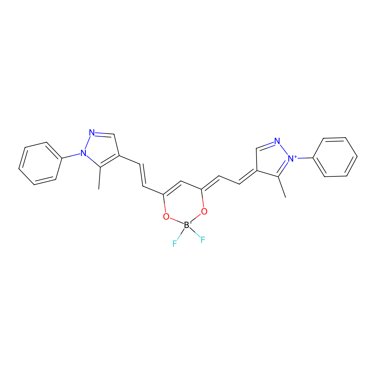 4-[(E)-2-[2,2-difluoro-6-[2-(5-methyl-1-phenylpyrazol-1-ium-4-ylidene)ethylidene]-1,3-dioxa-2-boranuidacyclohex-4-en-4-yl]ethenyl]-5-methyl-1-phenylpyrazole molecular structure, CAS 1623747-97-6