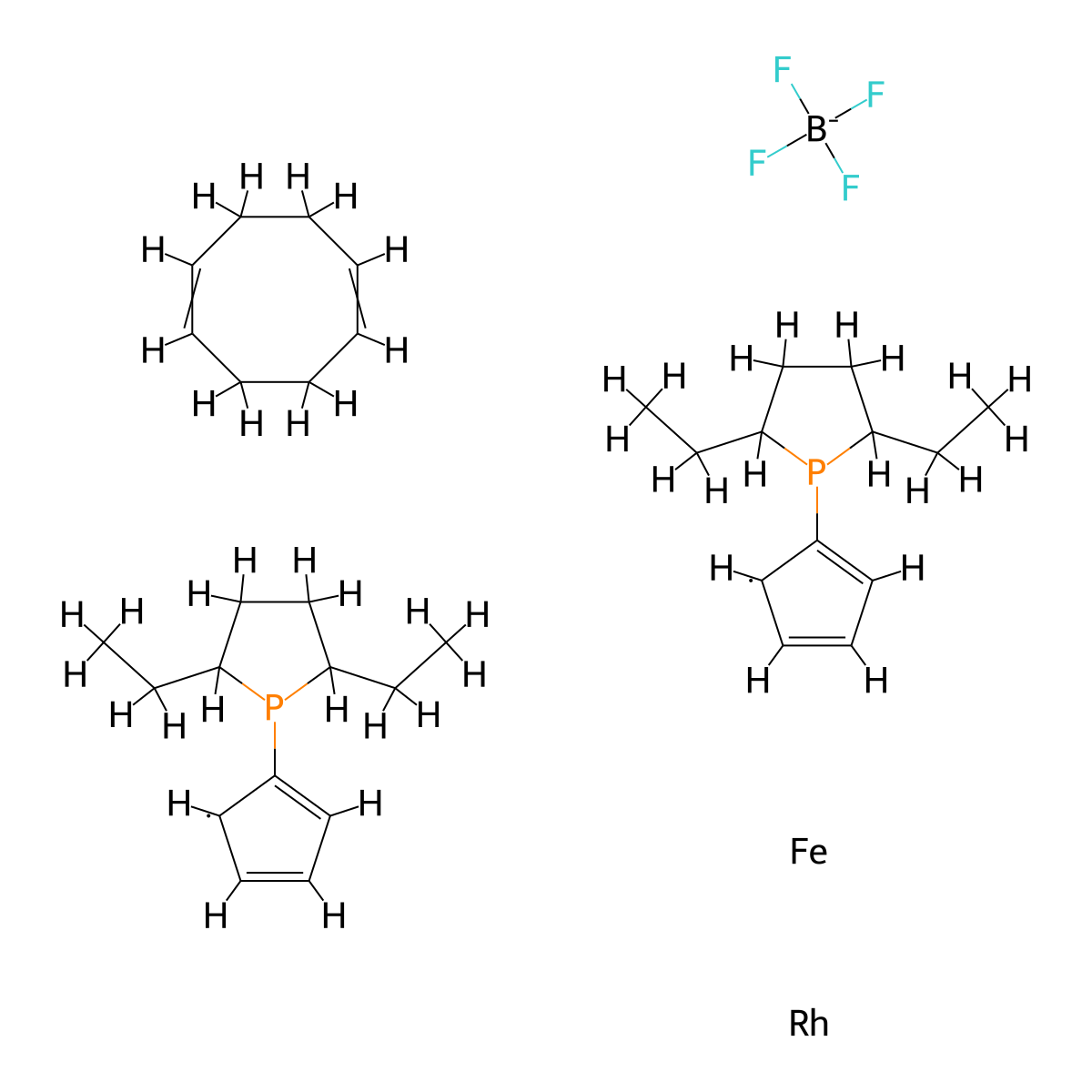 1,1-Bis((2R,5R)-2,5-diethylphospholano)ferrocene(cyclooctadiene)rhodium(I) molecular structure, CAS 162412-90-0