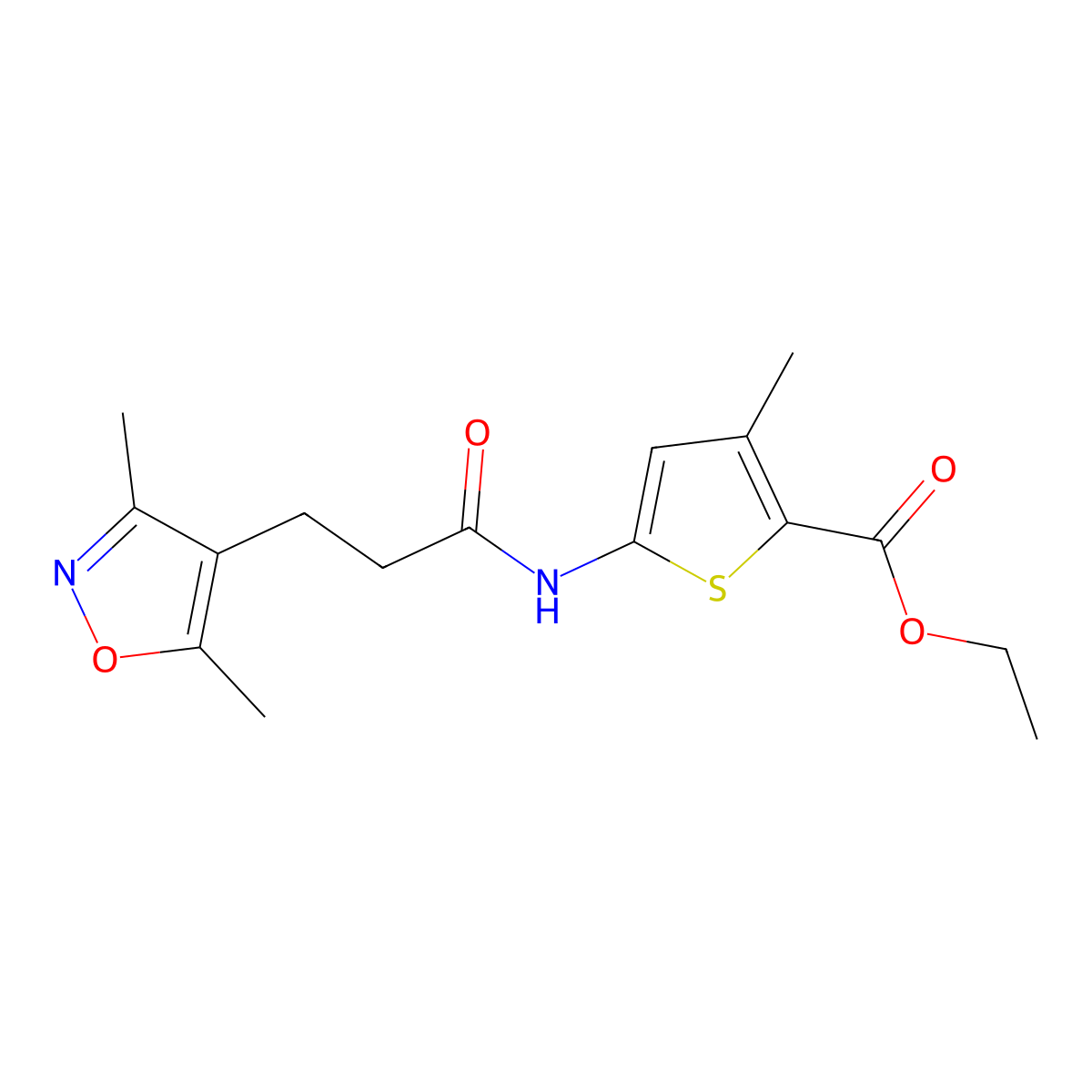 Ethyl 5-(3-(3,5-dimethylisoxazol-4-yl)propanamido)-3-methylthiophene-2-carboxylate molecular structure, CAS 1624172-76-4