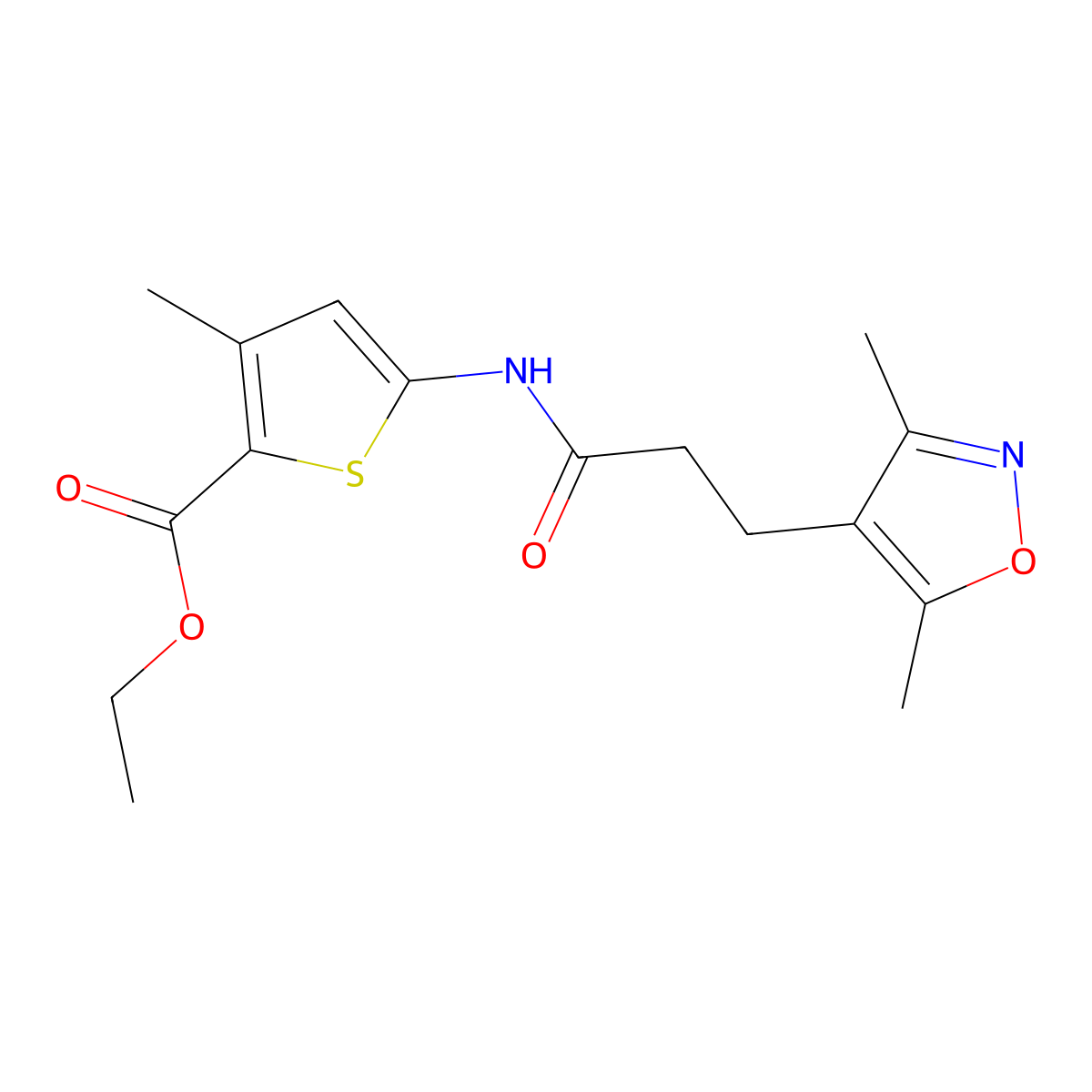 Ethyl 5-(3-(3,5-dimethylisoxazol-4-yl)propanamido)-3-methylthiophene-2-carboxylate molecular structure, CAS 1624172-76-4