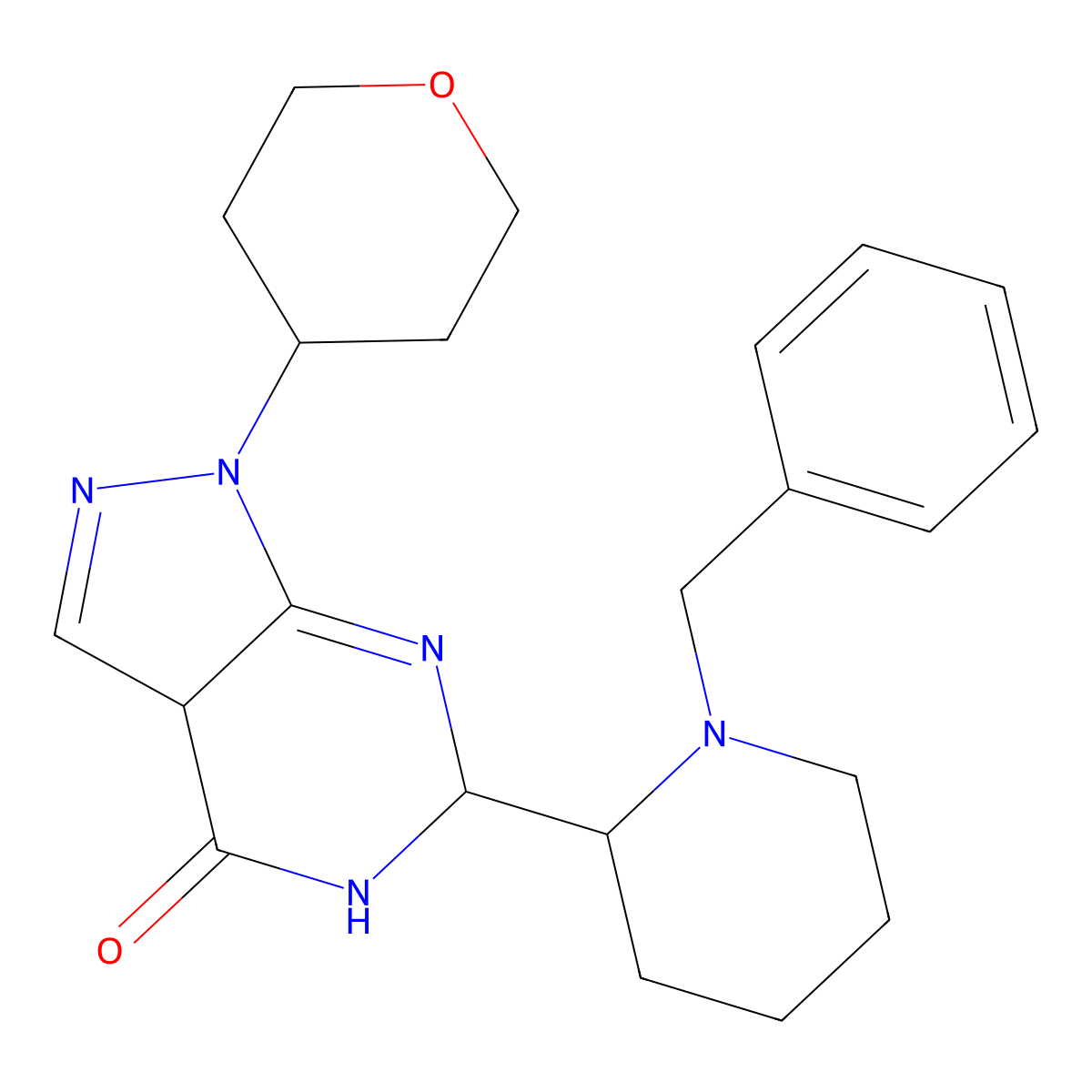 6-(1-Benzylpiperidin-2-yl)-1-(tetrahydro-2H-pyran-4-yl)-5,6-dihydro-1H-pyrazolo[3,4-d]pyrimidin-4(3aH)-one molecular structure, CAS 1624260-69-0