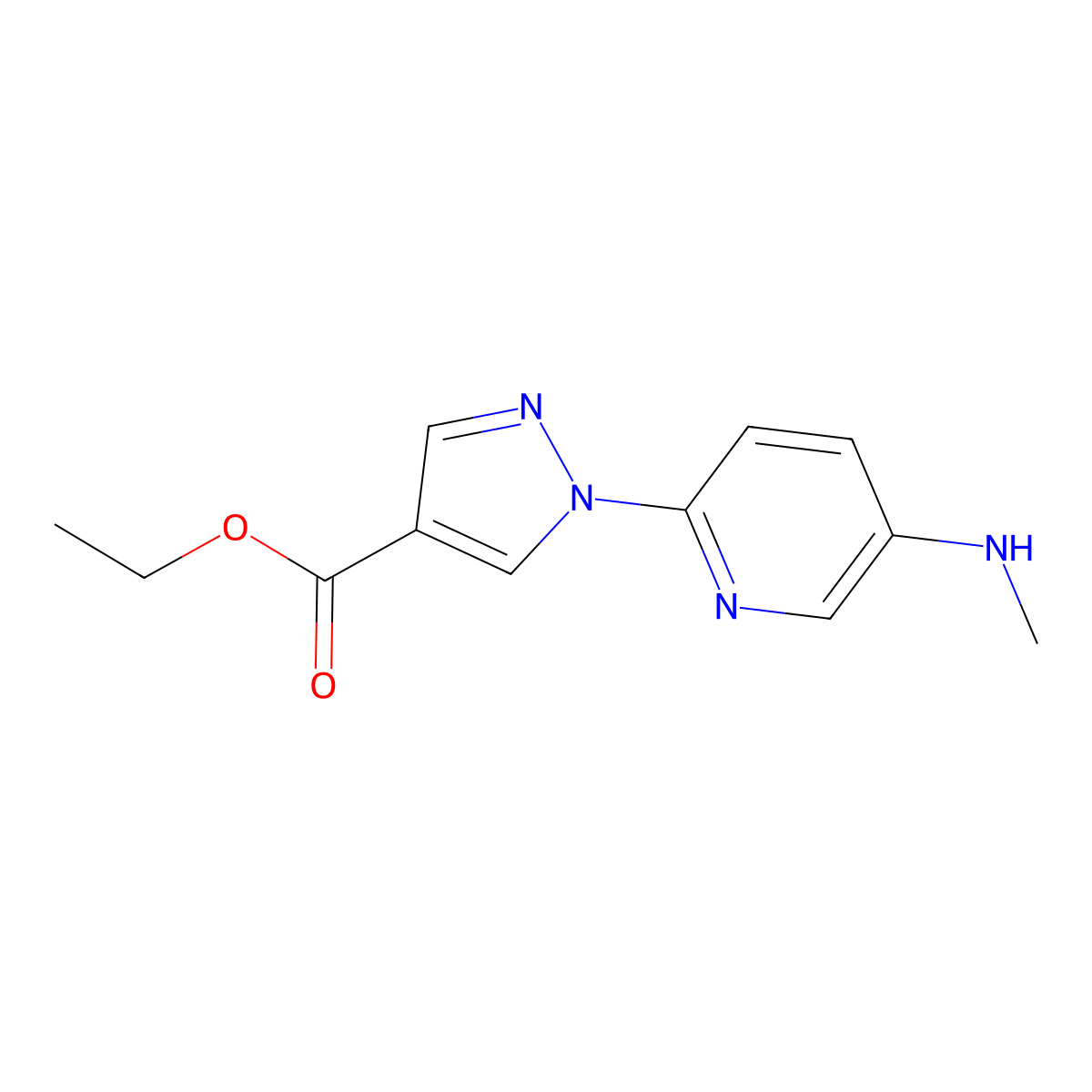 Ethyl 1-(5-(methylamino)pyridin-2-yl)-1H-pyrazole-4-carboxylate molecular structure, CAS 1624261-04-6