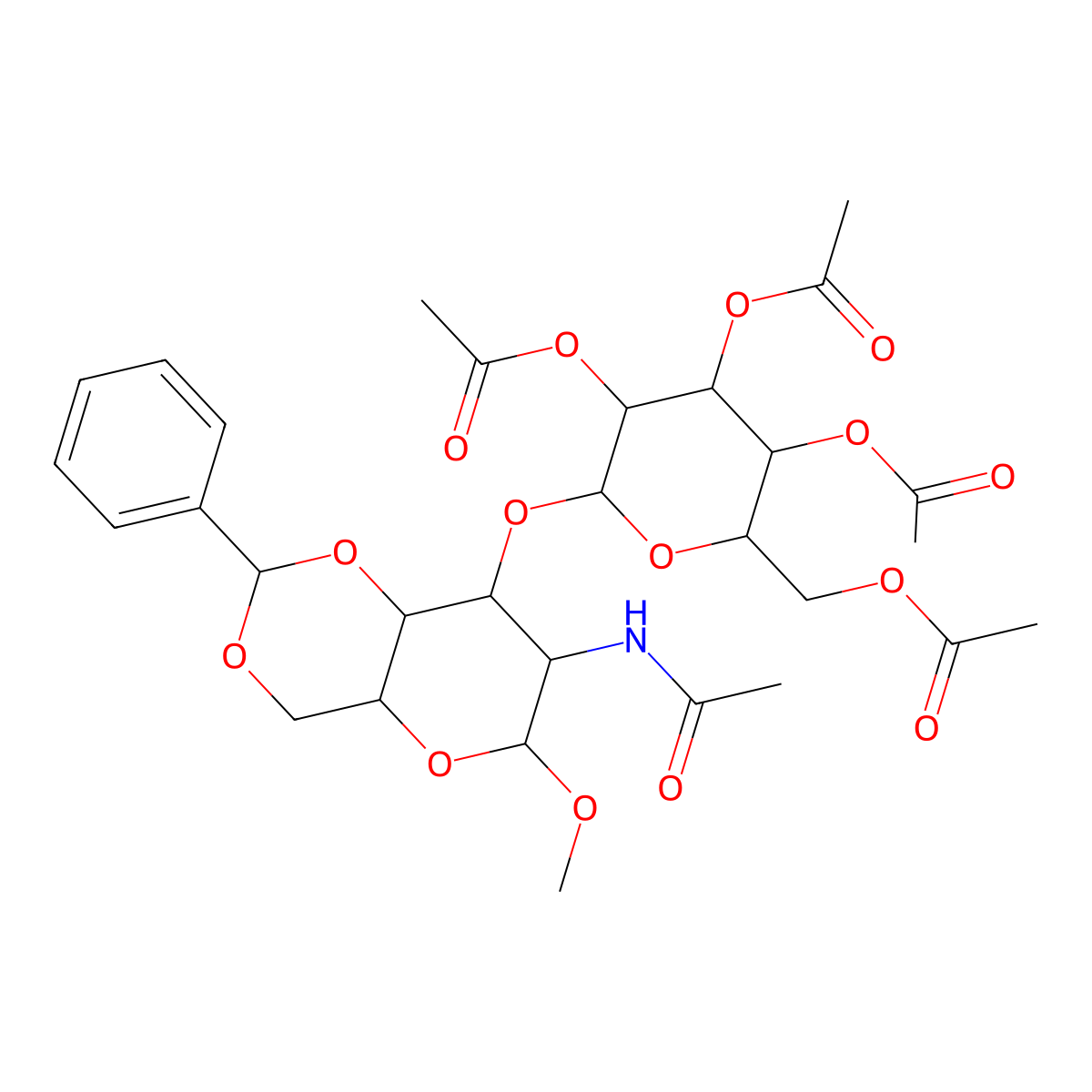 [6-[(7-Acetamido-6-methoxy-2-phenyl-4,4a,6,7,8,8a-hexahydropyrano[3,2-d][1,3]dioxin-8-yl)oxy]-3,4,5-triacetyloxyoxan-2-yl]methyl acetate molecular structure, CAS 162427-96-5