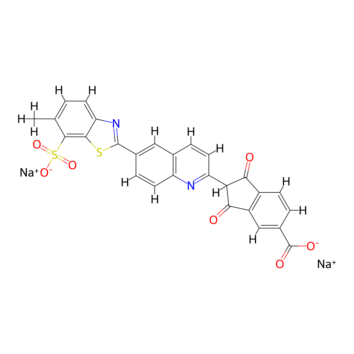 1H-Indene-5-carboxylic acid, 2,3-dihydro-2-[6-(6-methyl-7-sulfo-2-benzothiazolyl)-2-quinolinyl]-1,3-dioxo-, sodium salt (1:2) molecular structure, CAS 16249-87-9