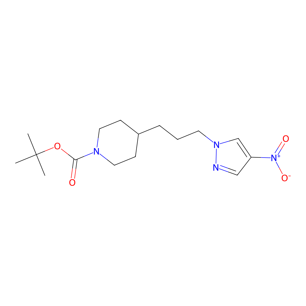 tert-Butyl 4-(3-(4-nitro-1H-pyrazol-1-yl)propyl)piperidine-1-carboxylate molecular structure, CAS 1625680-27-4
