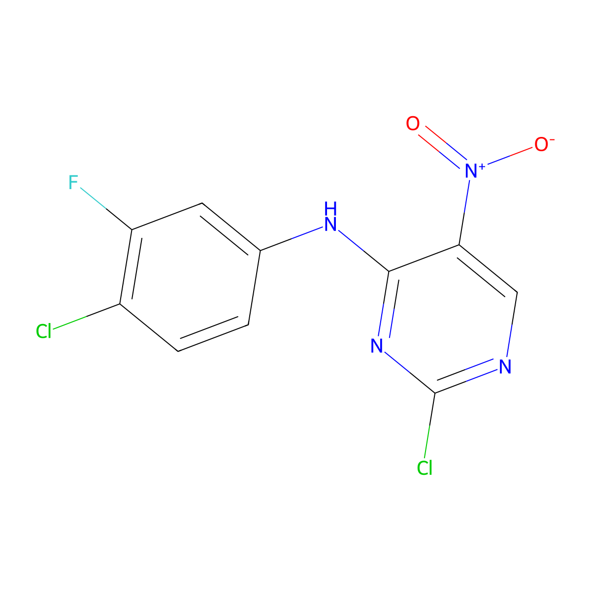 2-Chloro-N-(4-chloro-3-fluorophenyl)-5-nitropyrimidin-4-amine molecular structure, CAS 1625680-32-1