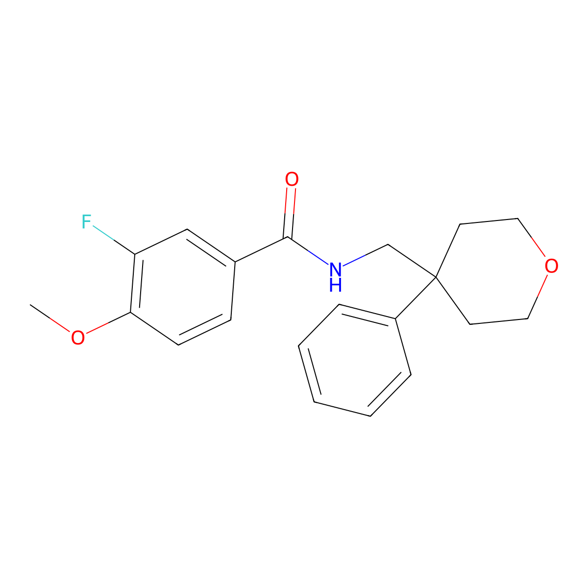 3-fluoro-4-methoxy-N-((4-phenyltetrahydro-2H-pyran-4-yl)methyl)benzamide molecular structure, CAS 1626032-64-1