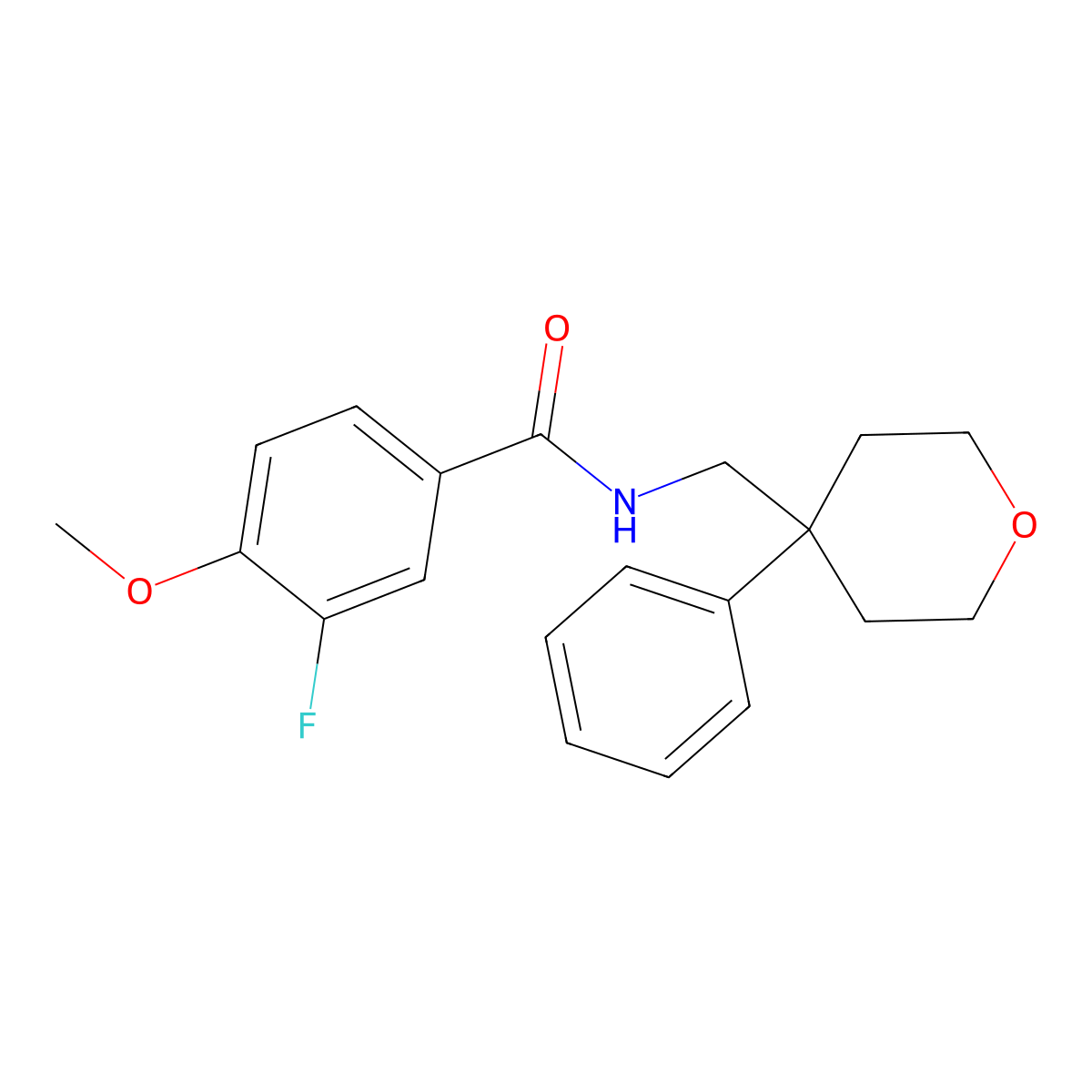 3-fluoro-4-methoxy-N-((4-phenyltetrahydro-2H-pyran-4-yl)methyl)benzamide molecular structure, CAS 1626032-64-1