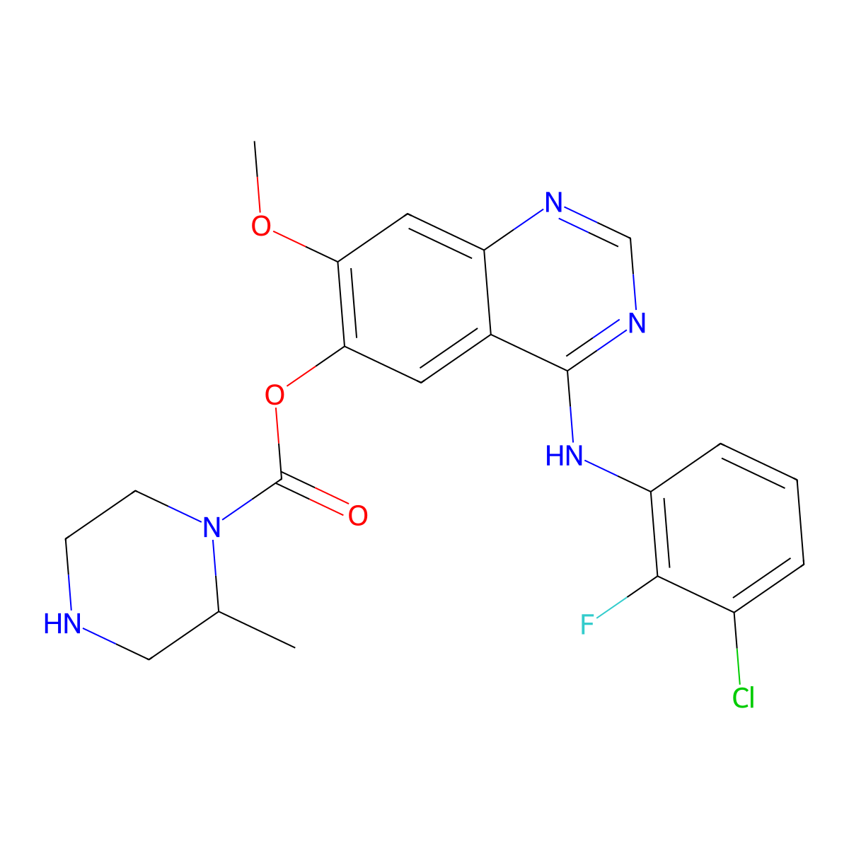 4-((3-Chloro-2-fluorophenyl)amino)-7-methoxyquinazolin-6-YL (R)-2-methylpiperazine-1-carboxylate molecular structure, CAS 1626387-96-9