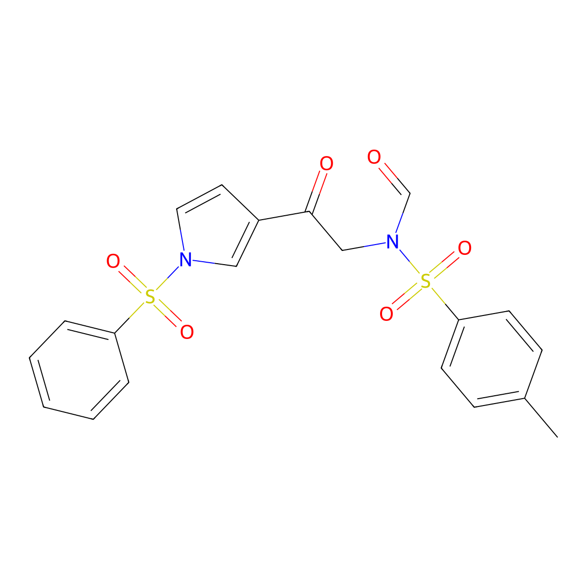 Benzenesulfonamide, N-formyl-4-methyl-N-(2-oxo-2-(1-(phenylsulfonyl)-1H-pyrrol-3-yl)ethyl)- molecular structure, CAS 1627136-88-2