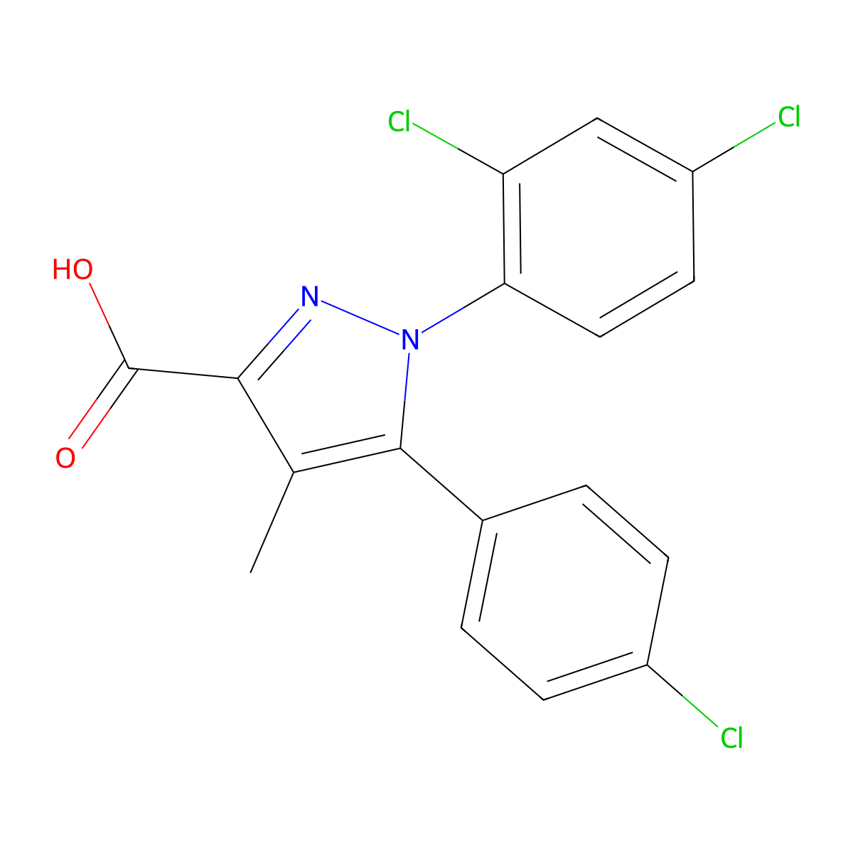 5-(4-Chlorophenyl)-1-(2,4-dichlorophenyl)-4-methyl-1H-pyrazole-3-carboxylic acid molecular structure, CAS 162758-35-2