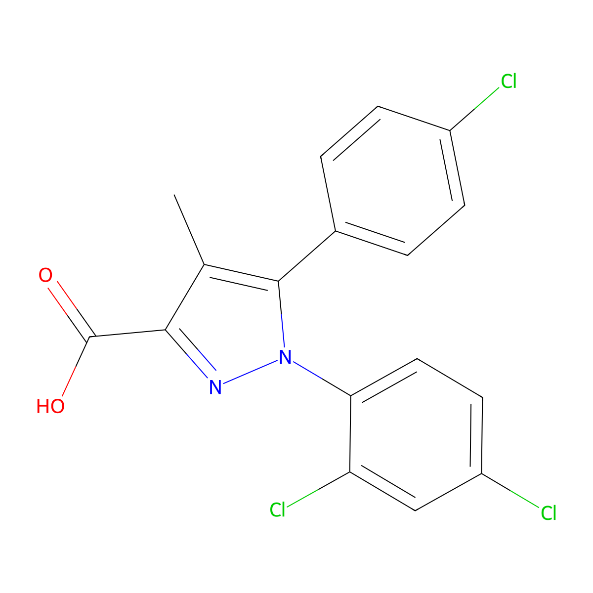 5-(4-Chlorophenyl)-1-(2,4-dichlorophenyl)-4-methyl-1H-pyrazole-3-carboxylic acid molecular structure, CAS 162758-35-2