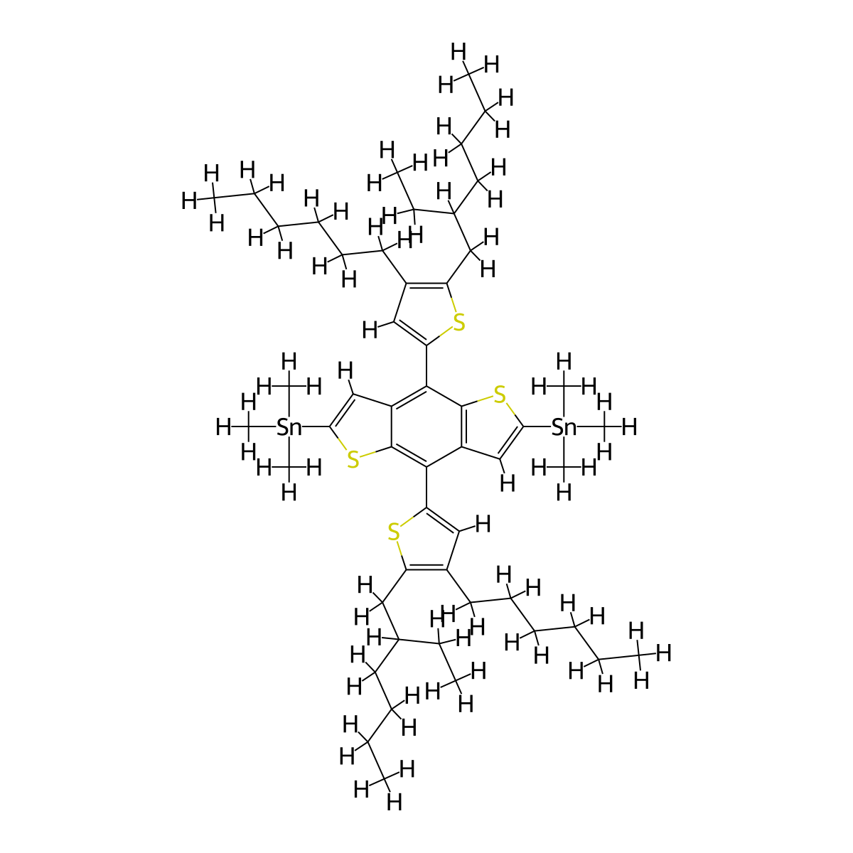 (4,8-Bis(5-(2-ethylhexyl)-4-hexylthiophen-2-yl)benzo[1,2-b:4,5-b']dithiophene-2,6-diyl)bis(trimethylstannane) molecular structure, CAS 1627681-05-3