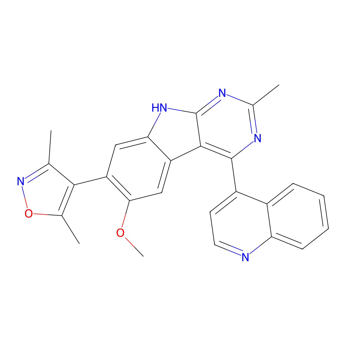 4-(6-Methoxy-2-methyl-4-(quinolin-4-yl)-9H-pyrimido(4,5-b)indol-7-yl)-3,5-dimethylisoxazole molecular structure, CAS 1627716-22-6