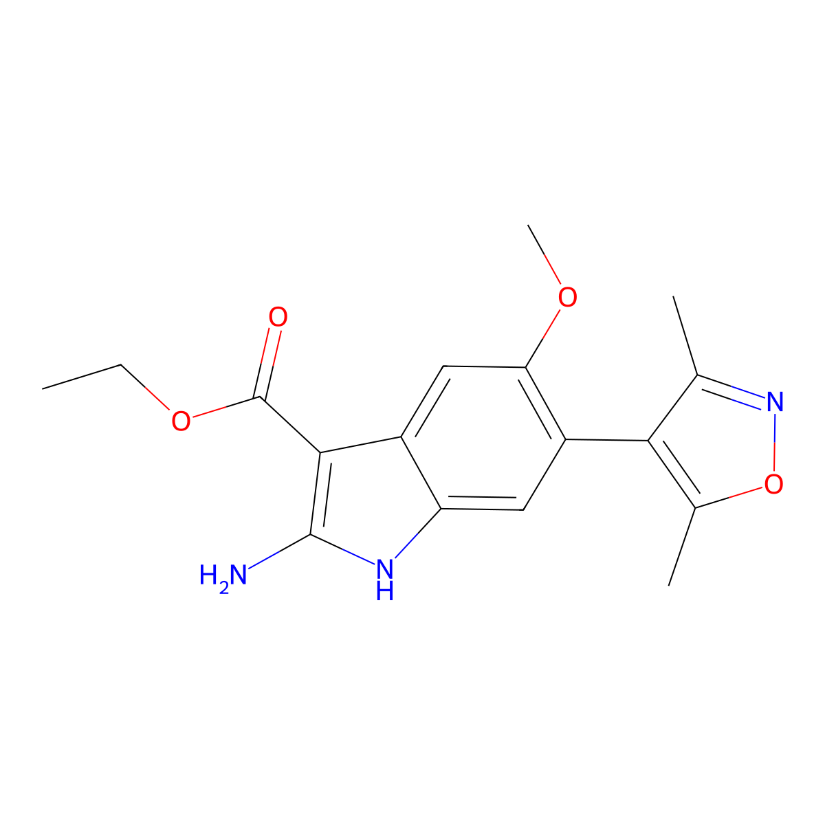 Ethyl 2-amino-6-(3,5-dimethylisoxazol-4-yl)-5-methoxy-1H-indole-3-carboxylate molecular structure, CAS 1627721-54-3