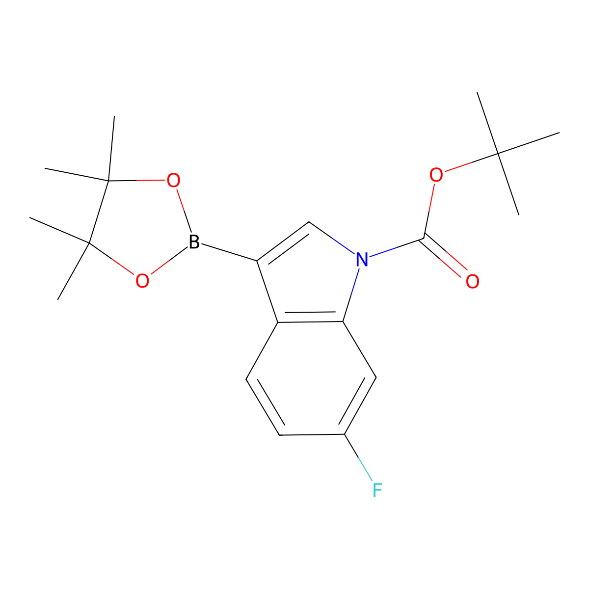 tert-butyl 6-fluoro-3-(4,4,5,5-tetramethyl-1,3,2-dioxaborolan-2-yl)-1H-indole-1-carboxylate molecular structure, CAS 1627721-59-8