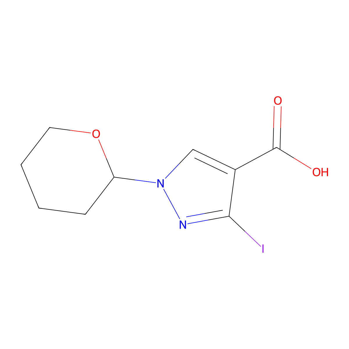 3-Iodo-1-(tetrahydro-pyran-2-yl)-1H-pyrazole-4-carboxylic acid molecular structure, CAS 1627924-17-7