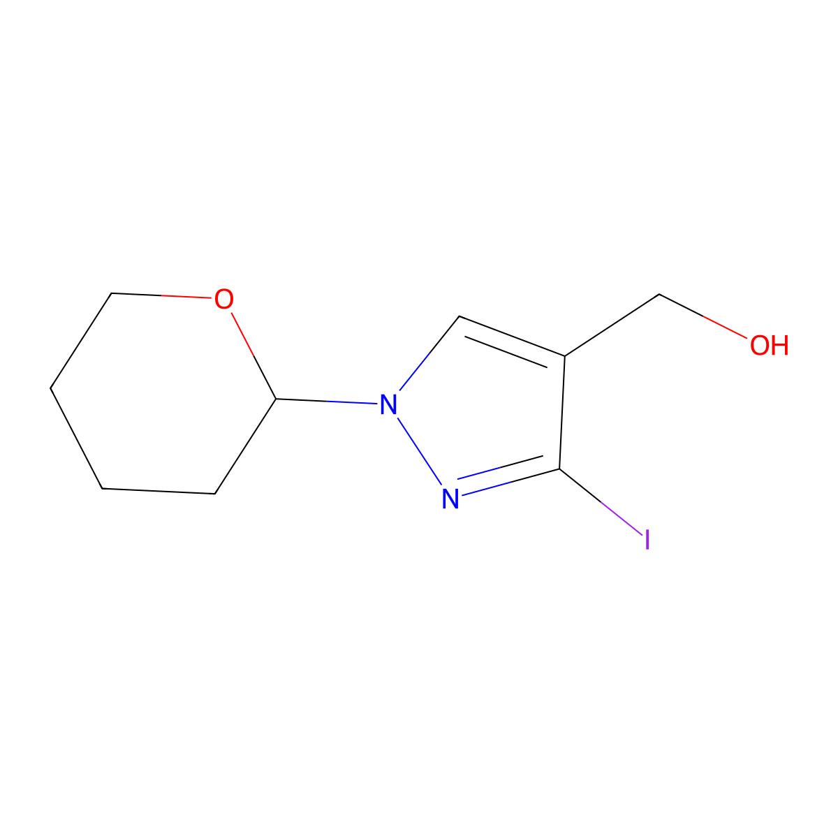 [3-Iodo-1-(tetrahydropyran-2-yl)-1H-pyrazol-4-yl]-methanol molecular structure, CAS 1627924-18-8