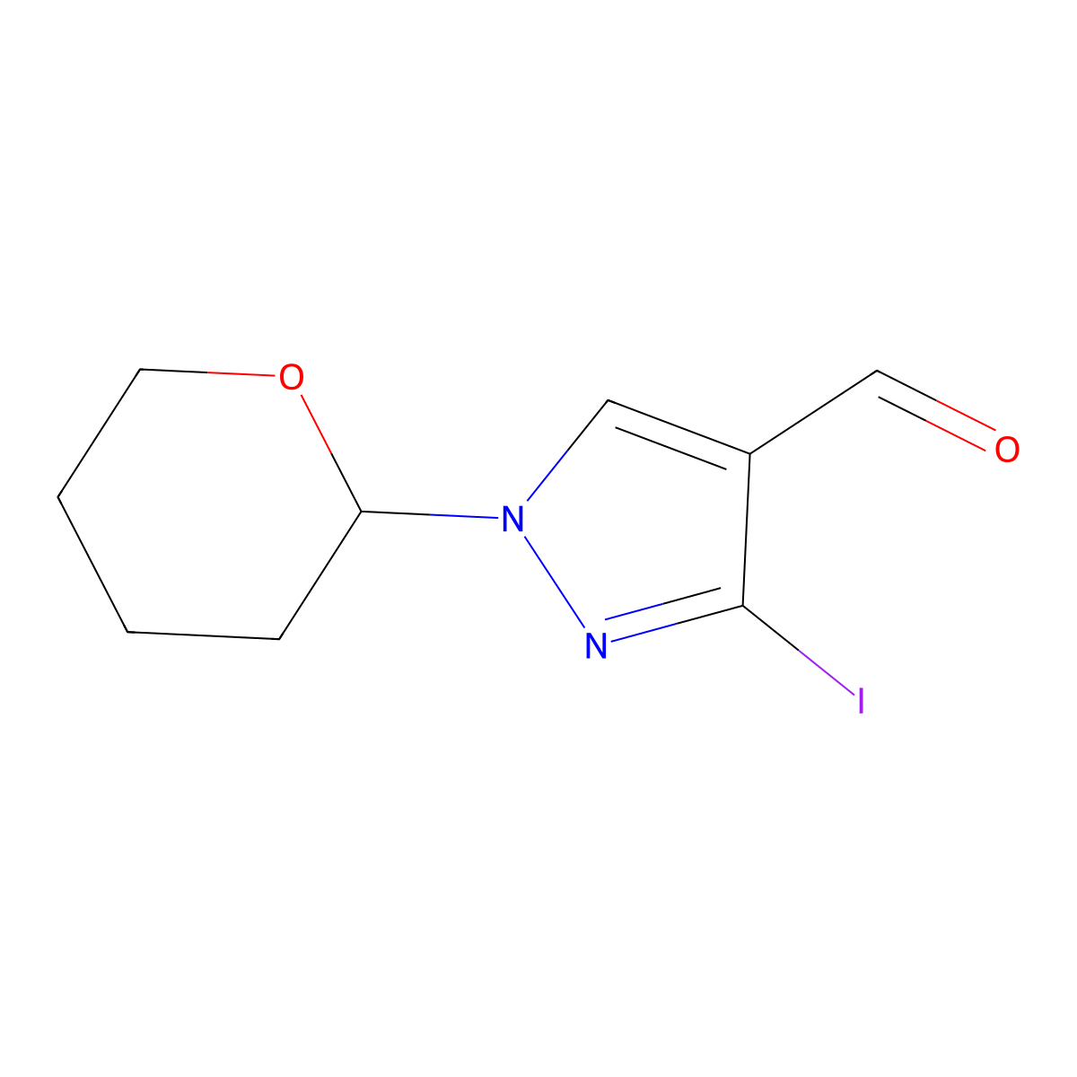 3-Iodo-1-(tetrahydro-2H-pyran-2-yl)-1H-pyrazole-4-carbaldehyde molecular structure, CAS 1627924-19-9