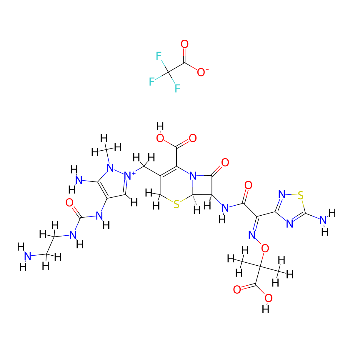 (6R,7R)-3-[[5-amino-4-(2-aminoethylcarbamoylamino)-1-methylpyrazol-2-ium-2-yl]methyl]-7-[[(2E)-2-(5-amino-1,2,4-thiadiazol-3-yl)-2-(2-carboxypropan-2-yloxyimino)acetyl]amino]-8-oxo-5-thia-1-azabicyclo[4.2.0]oct-2-ene-2-carboxylic acid;2,2,2-trifluoroacetate molecular structure, CAS 1628046-32-1