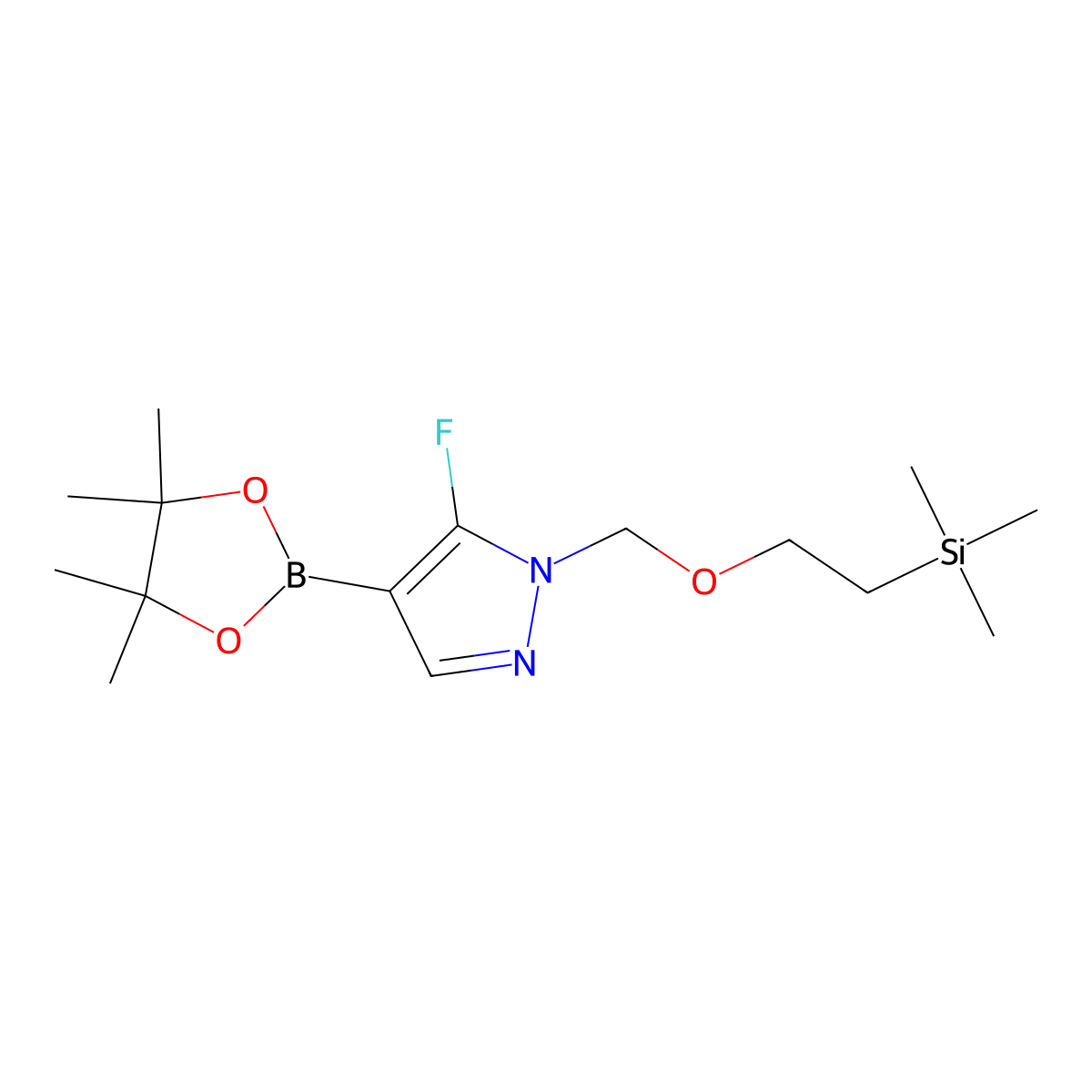 5-fluoro-4-(4,4,5,5-tetramethyl-1,3,2-dioxaborolan-2-yl)-1-{[2-(trimethylsilyl)ethoxy]methyl}-1H-pyrazole molecular structure, CAS 1628214-24-3