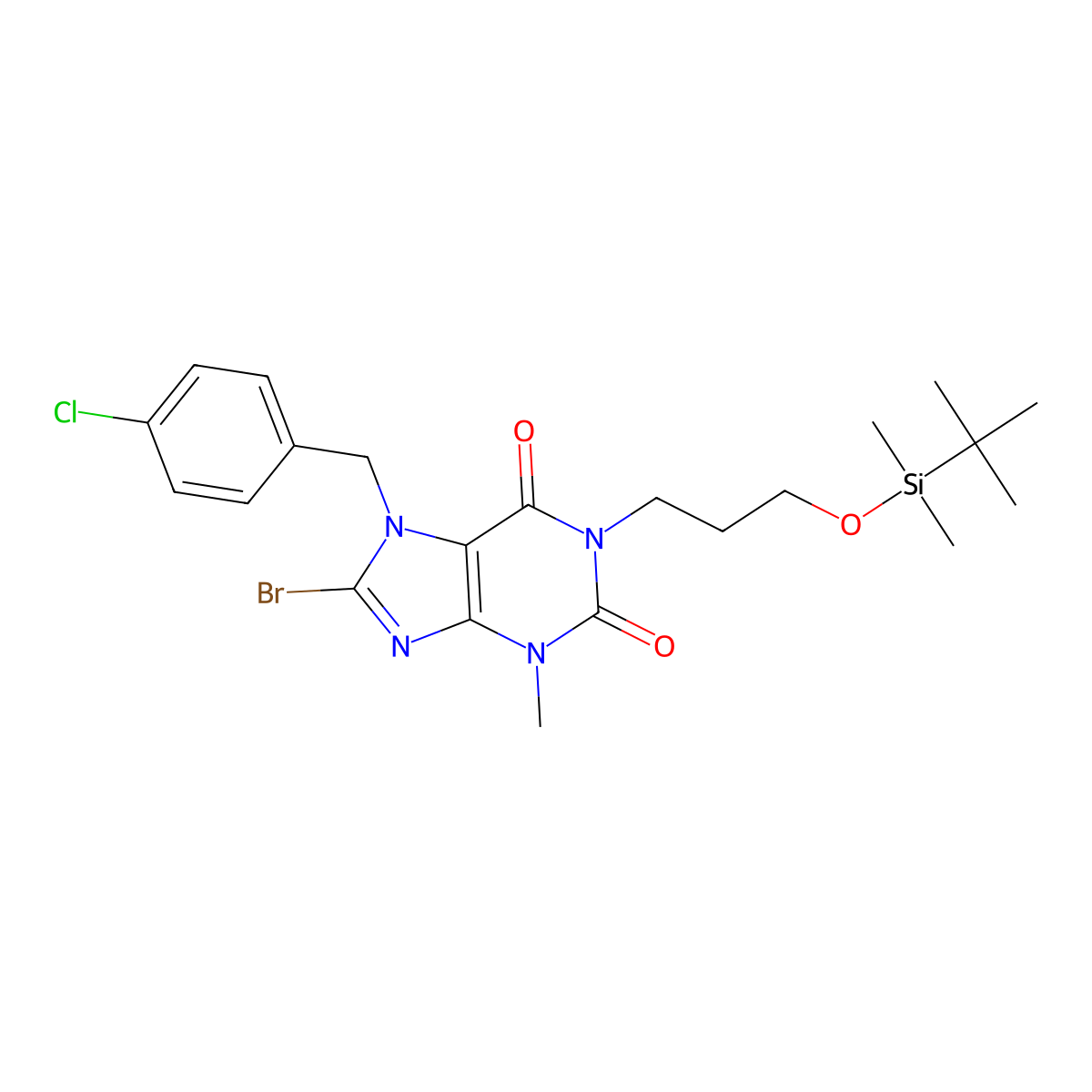 8-bromo-1-(3-((tert-butyldimethylsilyl)oxy)propyl)-7-(4-chlorobenzyl)-3-methyl-3,7-dihydro-1H-purine-2,6-dione molecular structure, CAS 1628286-05-4