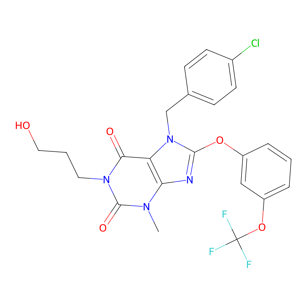 7-[(4-Chlorophenyl)methyl]-3-methyl-1-(3-oxidanylpropyl)-8-[3-(trifluoromethyloxy)phenoxy]purine-2,6-dione molecular structure, CAS 1628287-16-0