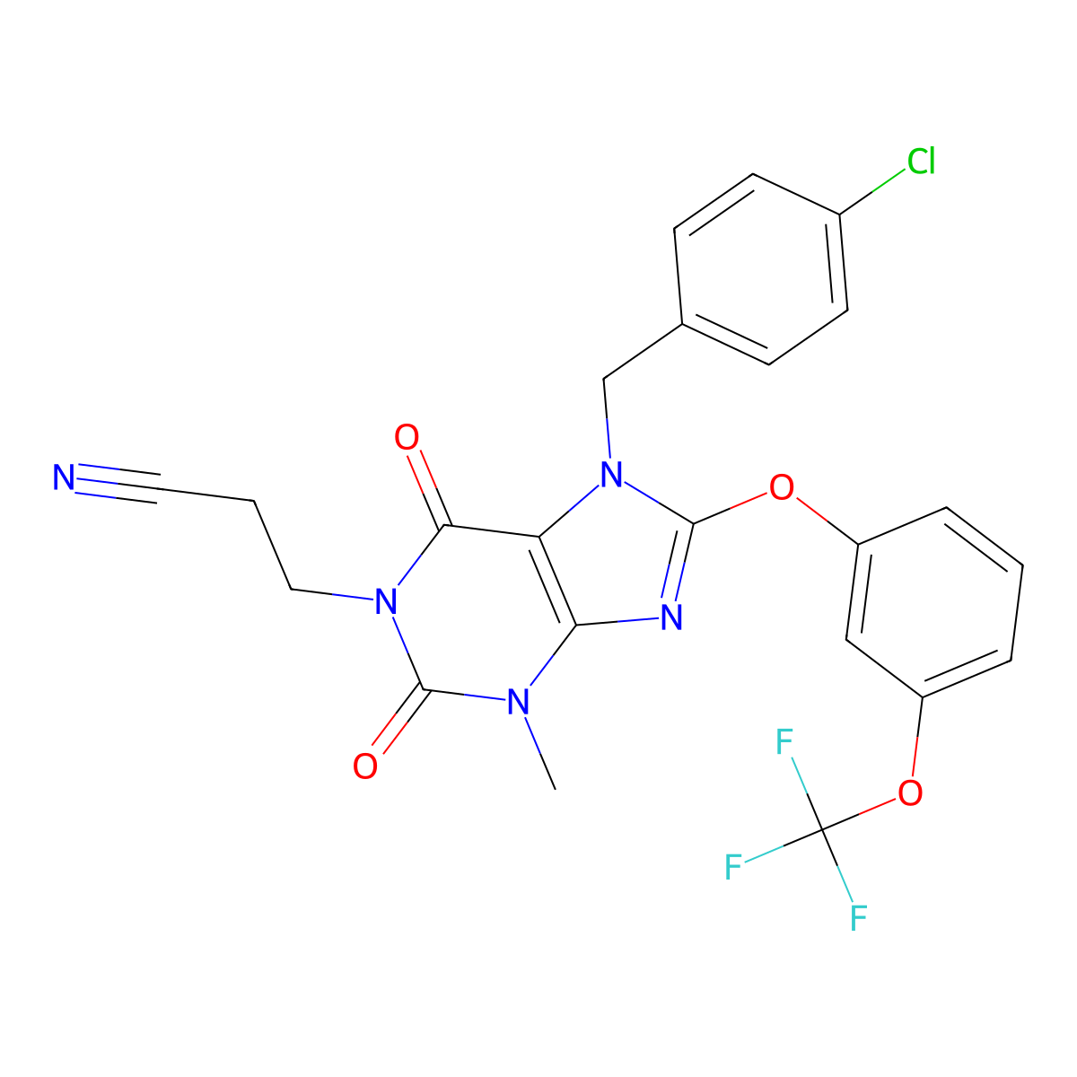 3-(7-(4-chlorobenzyl)-3-methyl-2,6-dioxo-8-(3-(trifluoromethoxy)phenoxy)-2,3,6,7-tetrahydro-1H-purin-1-yl)propanenitrile molecular structure, CAS 1628287-27-3