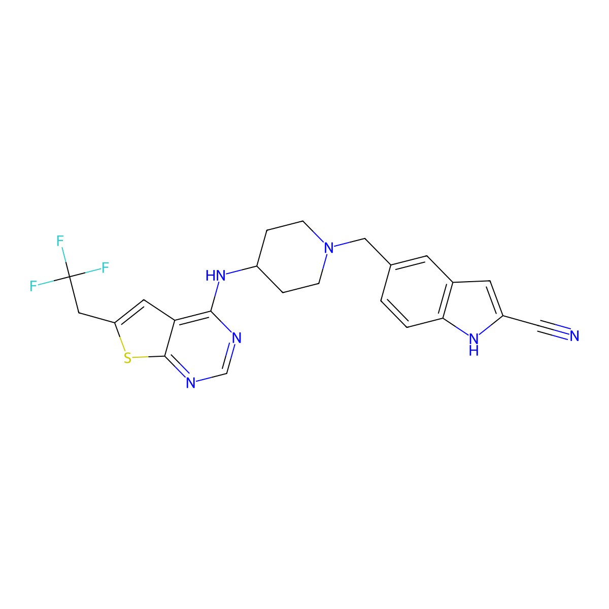 5-((4-((6-(2,2,2-trifluoroethyl)thieno[2,3-d]pyrimidin-4-yl)amino)piperidin-1-yl)methyl)-1H-indole-2-carbonitrile molecular structure, CAS 1628316-74-4