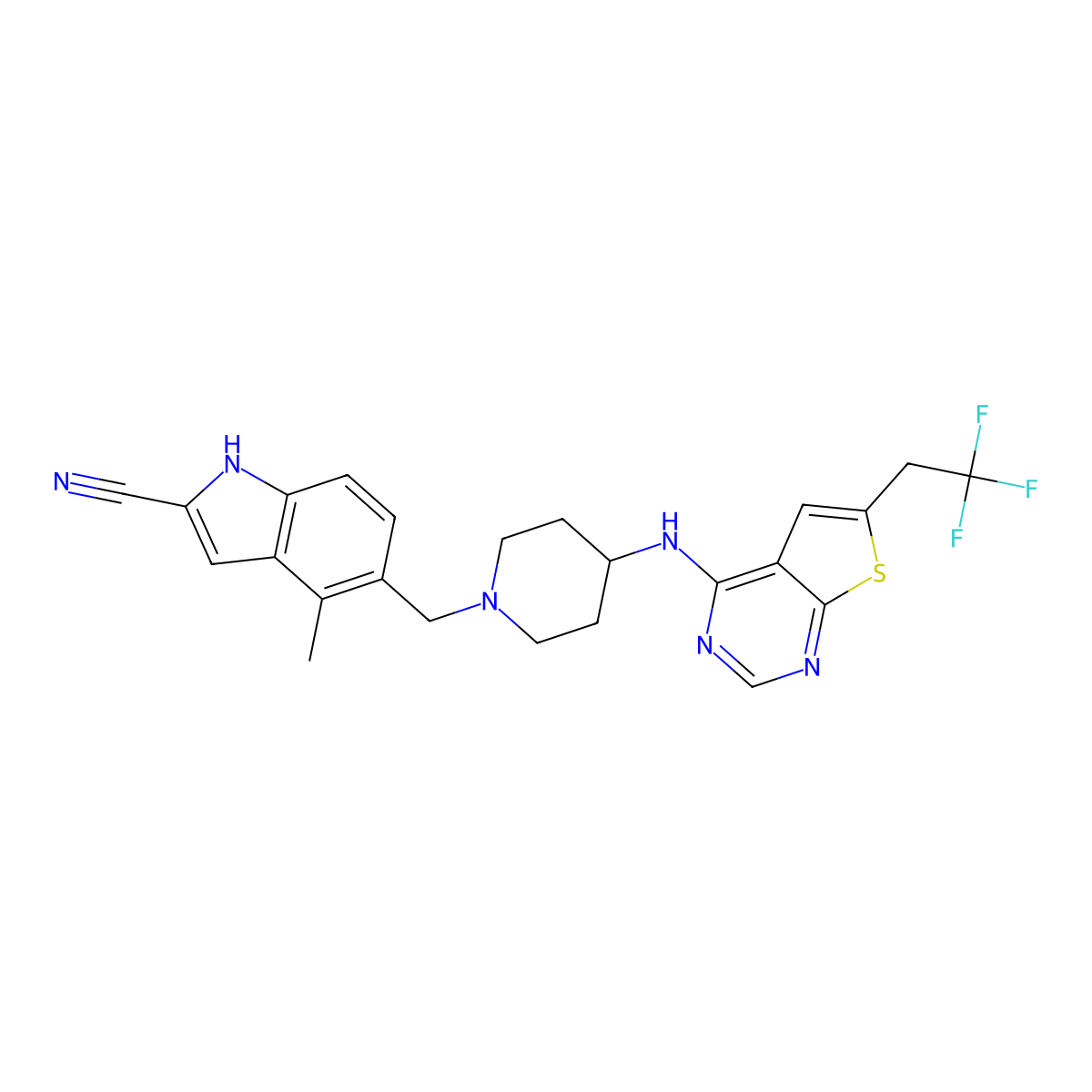 4-methyl-5-((4-((6-(2,2,2-trifluoroethyl)thieno[2,3-d]pyrimidin-4-yl)amino)piperidin-1-yl)methyl)-1H-indole-2-carbonitrile molecular structure, CAS 1628317-18-9
