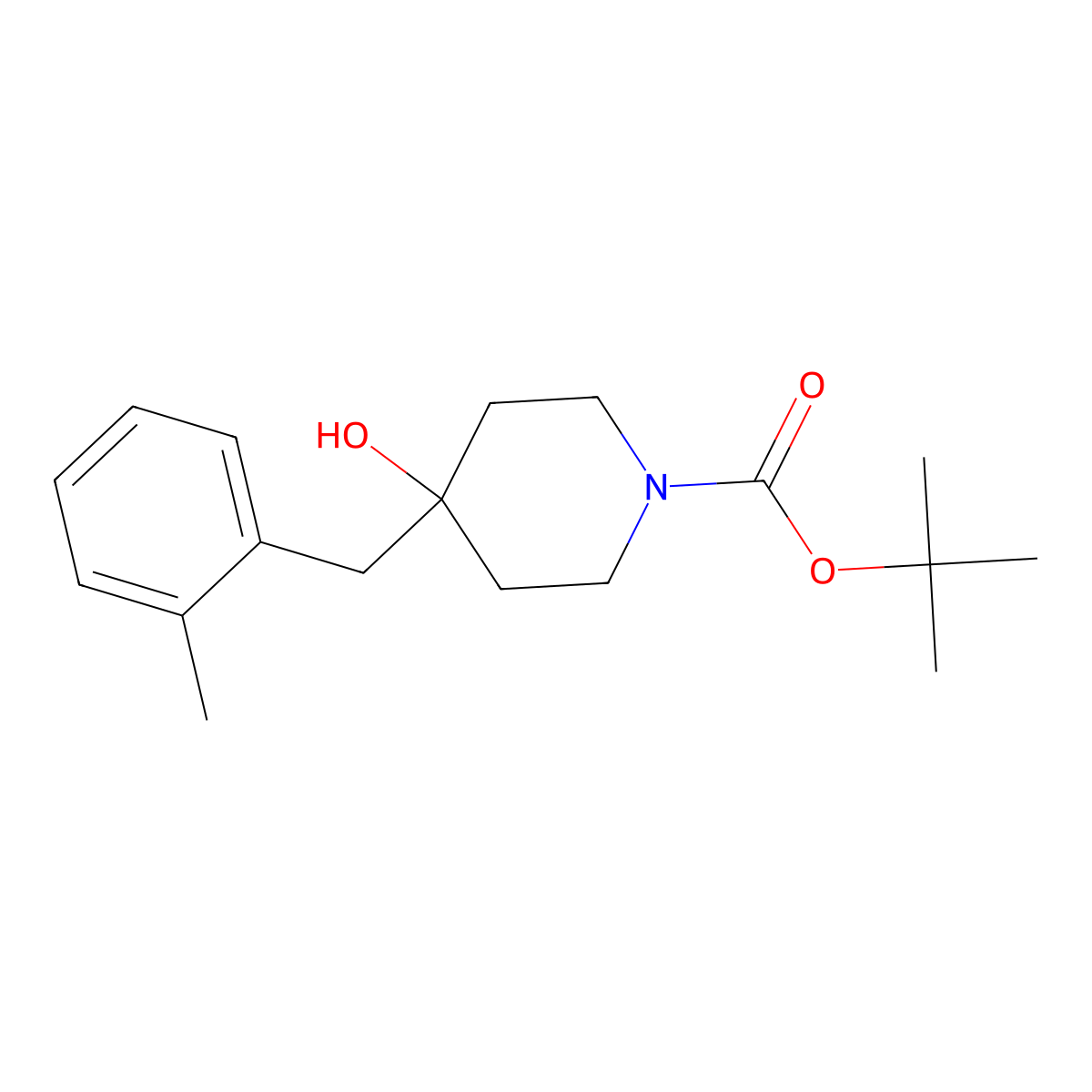 Tert-butyl 4-hydroxy-4-[(2-methylphenyl)methyl]piperidine-1-carboxylate molecular structure, CAS 1628430-67-0