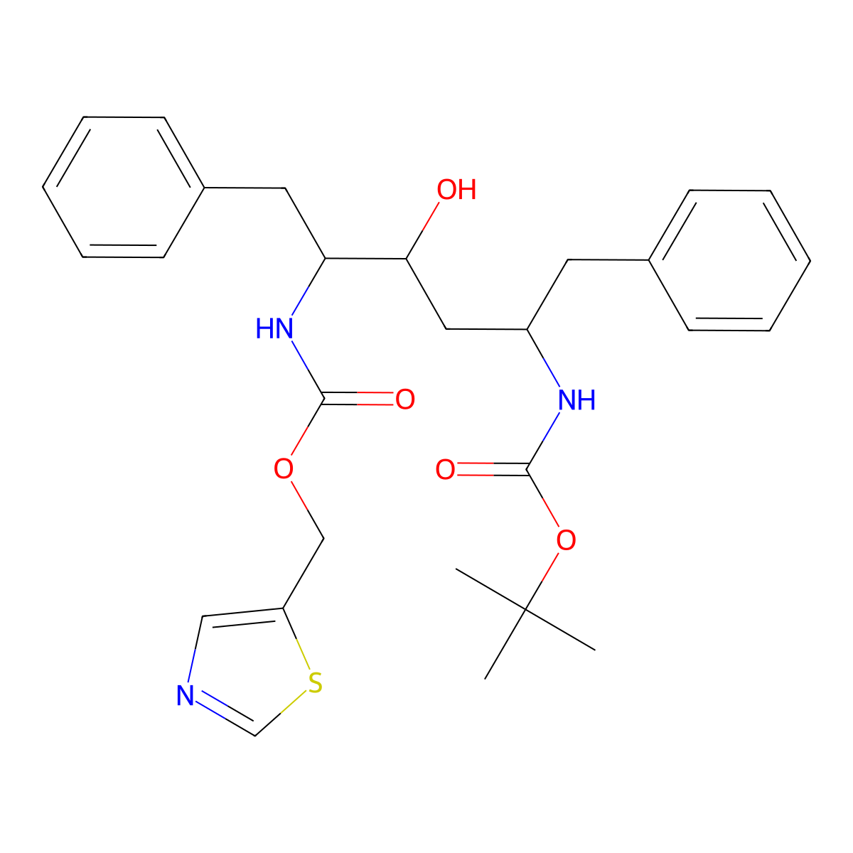 Thiazol-5-ylmethyl ((1S,2S,4S)-1-benzyl-4-(((1,1-dimethylethoxy)carbonyl)amino)-2-hydroxy-5-phenylpentyl)carbamate molecular structure, CAS 162849-95-8