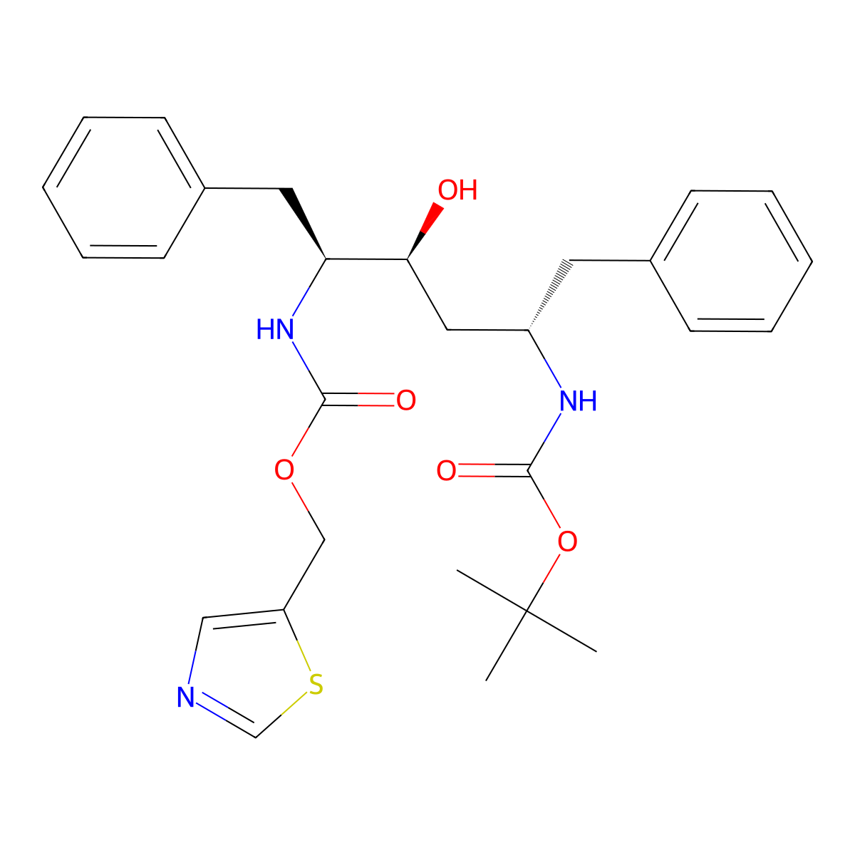Thiazol-5-ylmethyl ((1S,2S,4S)-1-benzyl-4-(((1,1-dimethylethoxy)carbonyl)amino)-2-hydroxy-5-phenylpentyl)carbamate molecular structure, CAS 162849-95-8